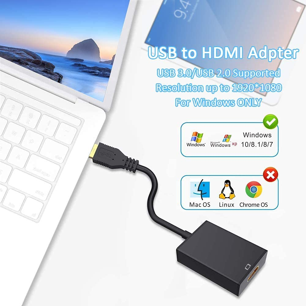 Ein weißer Laptop neben einem Adapterkabel, einem schwarzen HDMI-Adapter und einem blauen Bildschirm mit der Uhrzeit.