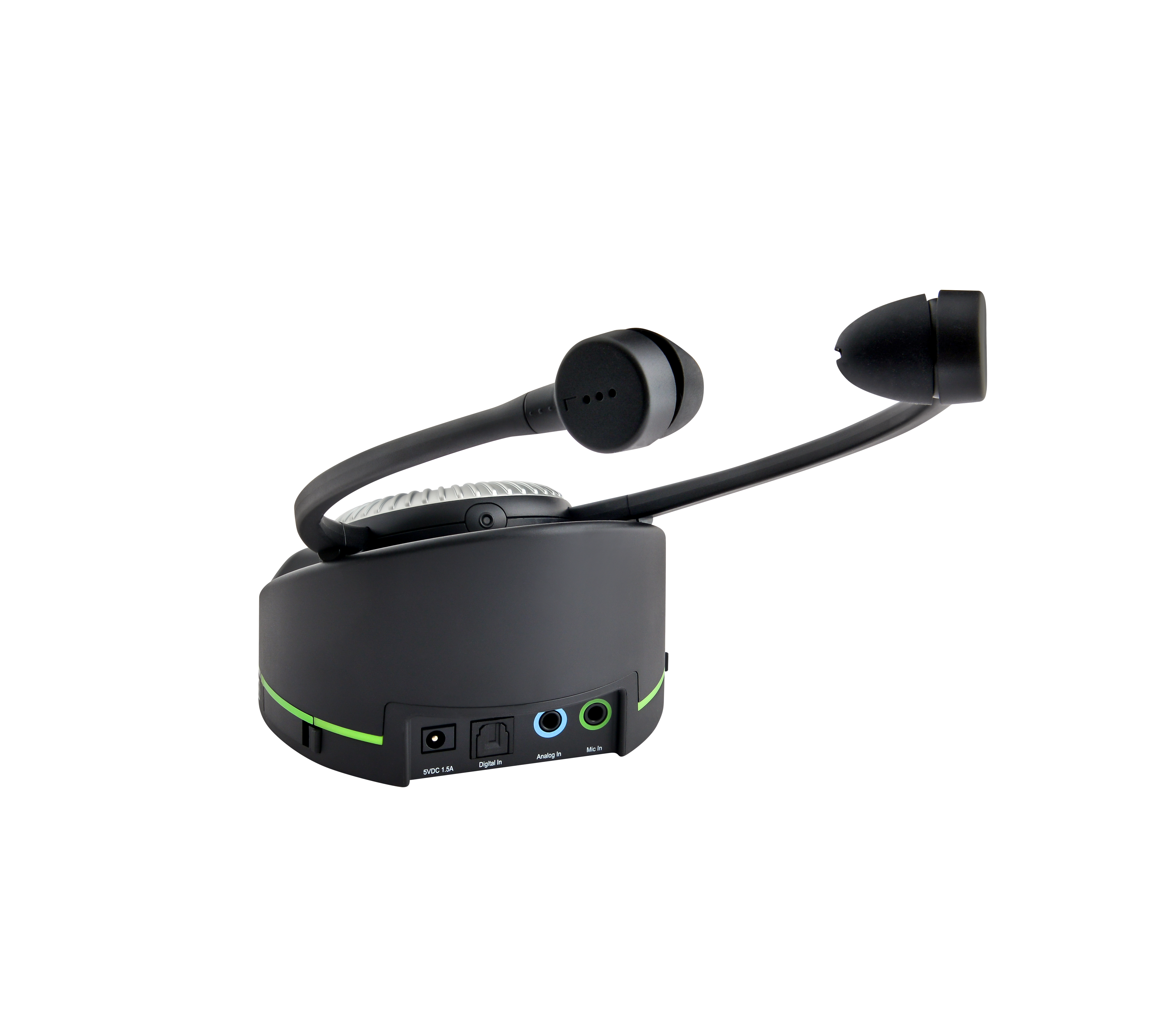 Schwarzes Headset mit grünen Akzenten auf schwarzem Hintergrund. Es hat zwei Ohrhörer an flexiblen Armen.
