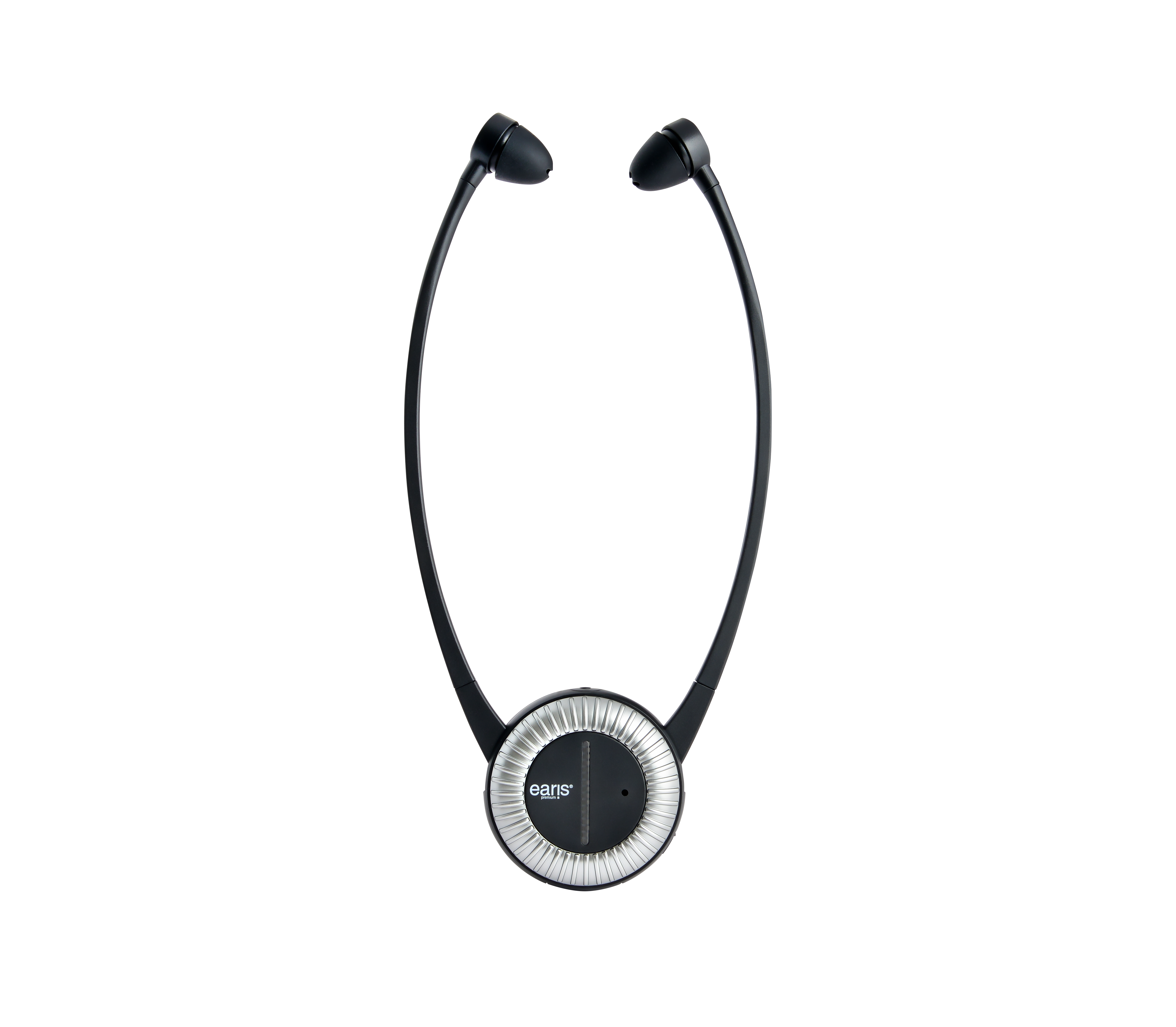 Ein schwarzes Headset mit Ohrhörern und Nackenband, mit einer silbernen und schwarzen kreisförmigen Basis, vor schwarzem Hintergrund.
