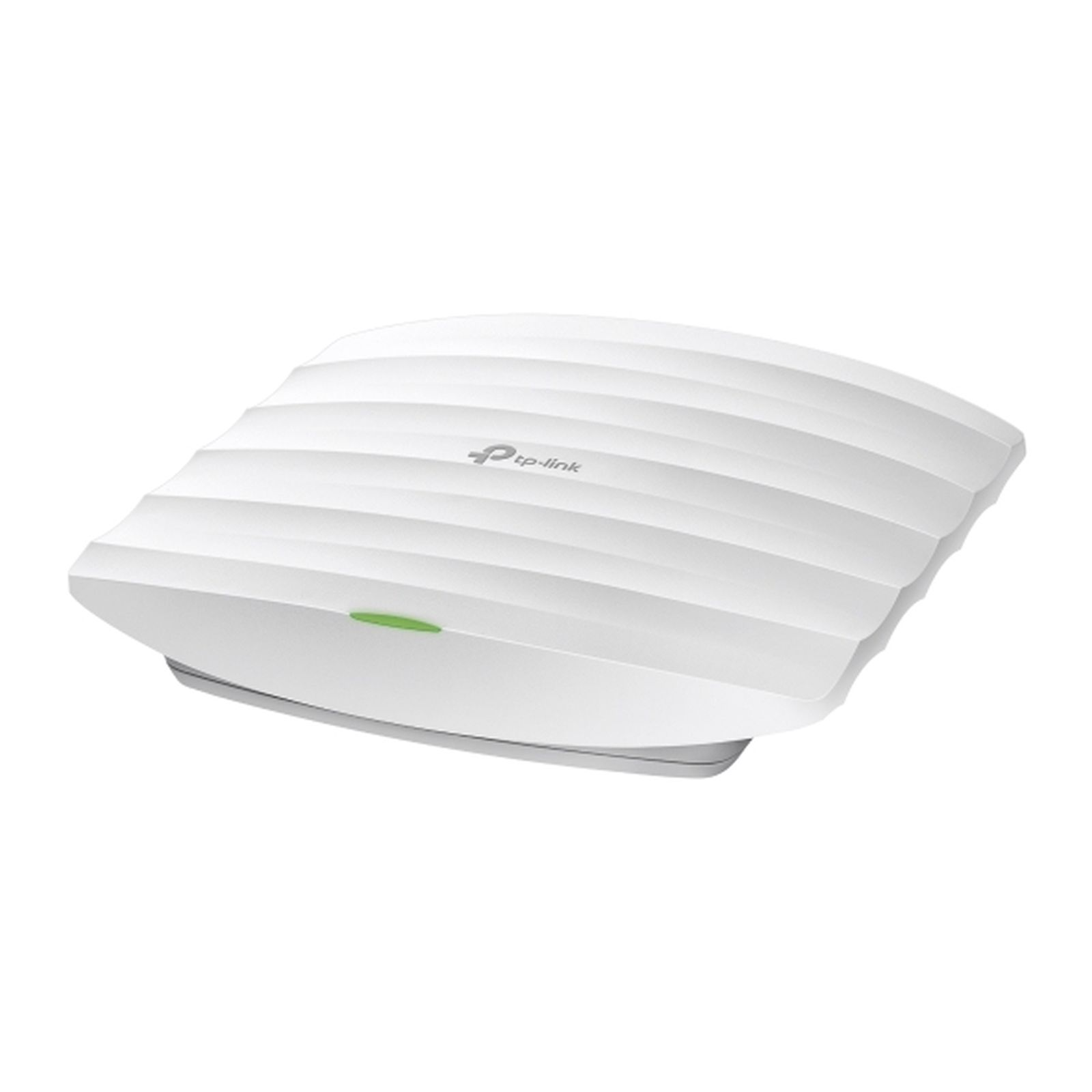 Biały punkt dostępowy TP-Link z zieloną lampką kontrolną i żebrowanym wierzchem, na białym tle.