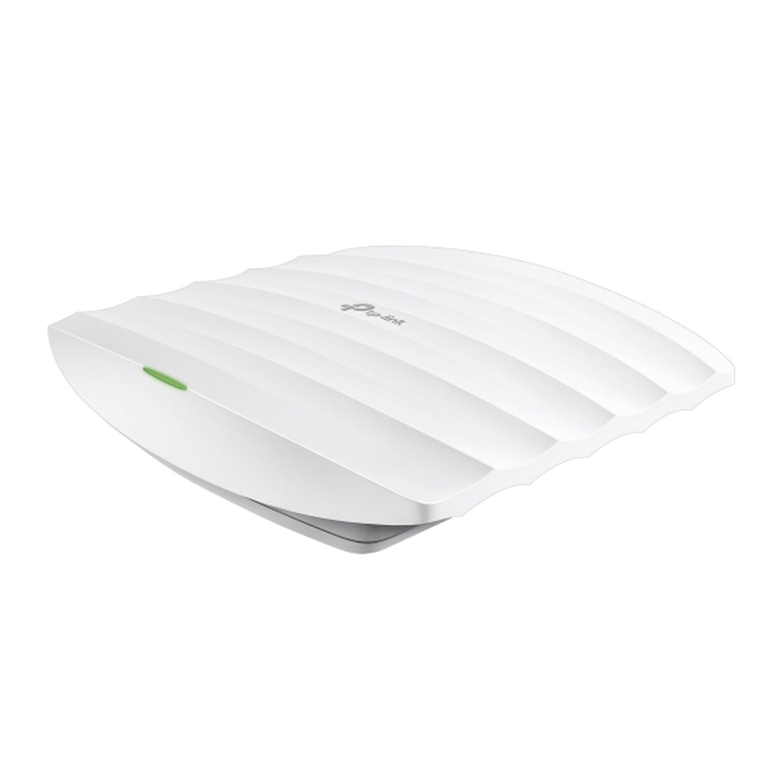 Biały punkt dostępowy TP-Link z zielonym wskaźnikiem. Urządzenie ma żebrowany wierzch. Tło jest białe.