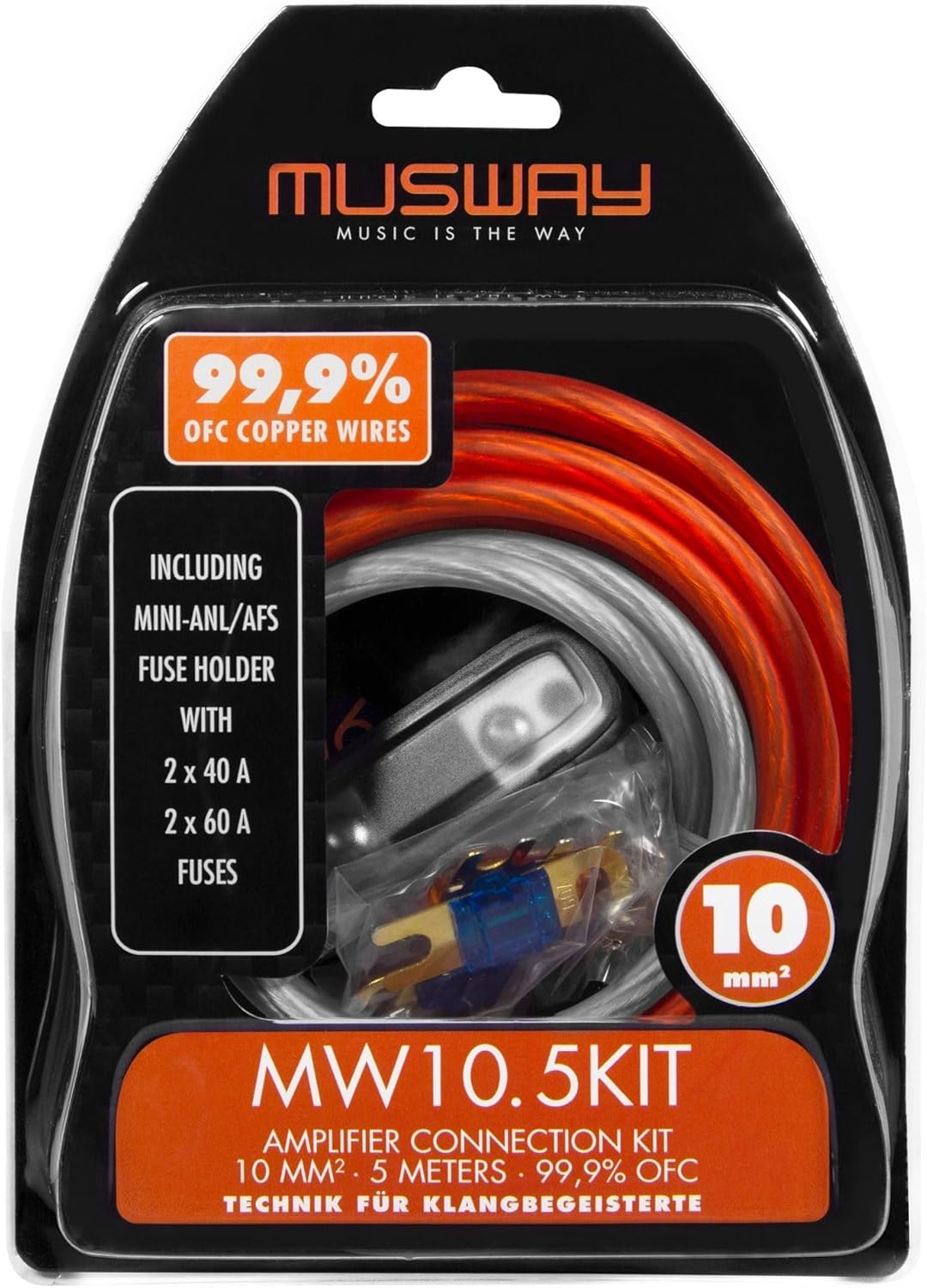 Eine Packung zeigt Lautsprecherkabel und Sicherungen. Text enthält 'MUSWAY', '99,9% OFC Kupferdrähte', 'Verstärker-Anschluss-Kit'.