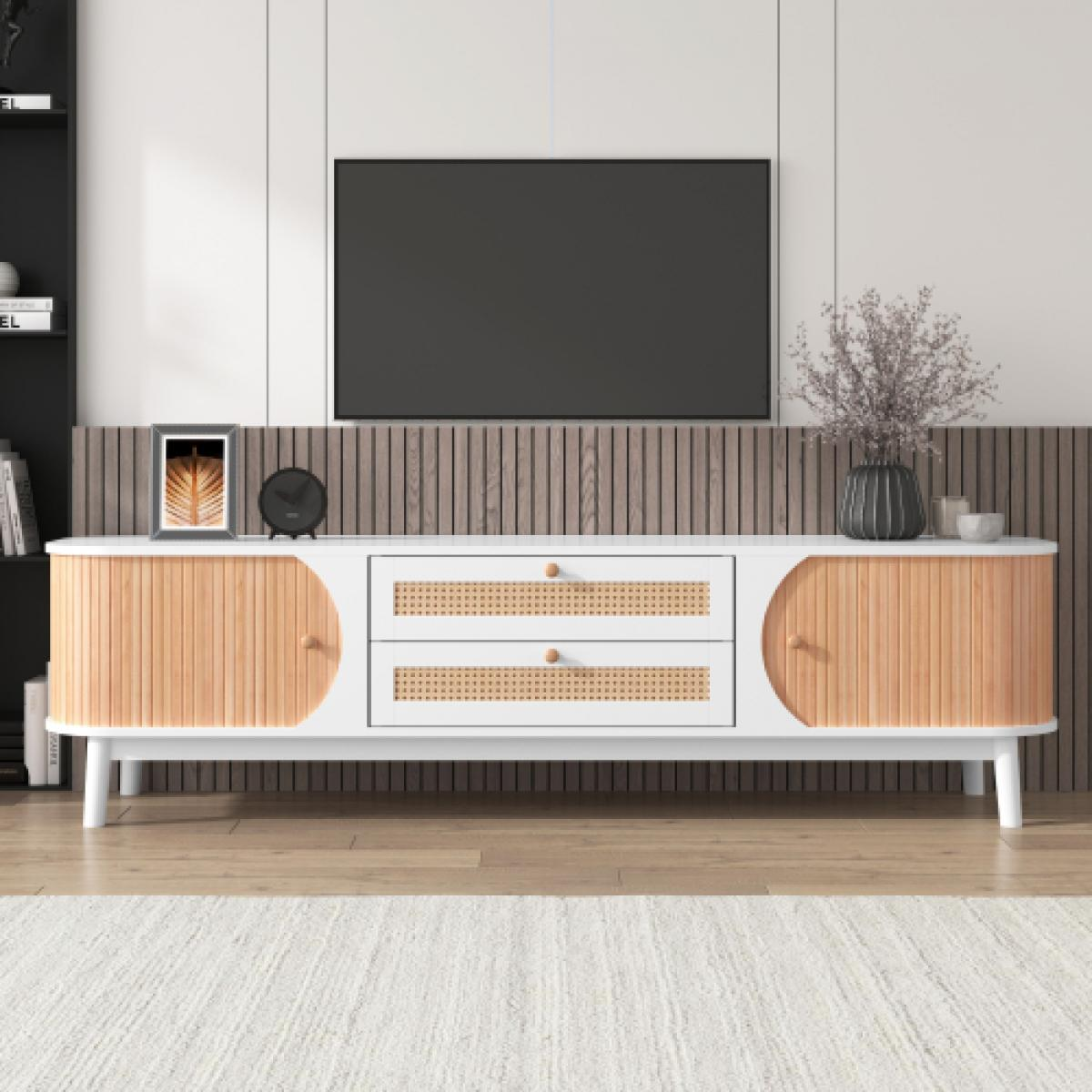 Ein modernes Wohnzimmer mit einem Fernseher über einem weißen und hölzernen Schrank. Ein Teppich und Holzboden sind im Vordergrund.