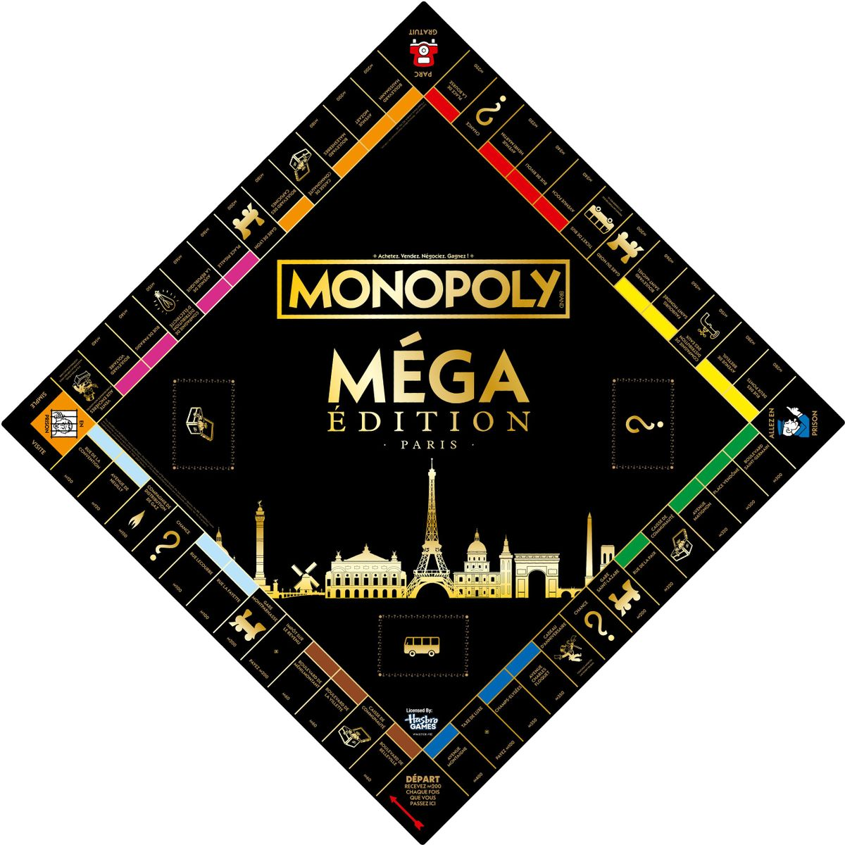Monopoly Mega Edition Spielbrett. Zeigt Pariser Wahrzeichen, Grundstücke und Chance/Gemeinschaftskarten auf schwarzem Grund.