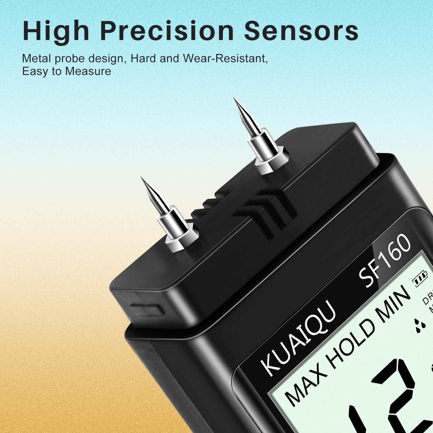 Ein schwarzes Feuchtigkeitsmessgerät mit zwei Metallspitzen. Text: 'High Precision Sensors', 'KUAIQU', 'SF160' und 'MAX HOLD MIN'.
