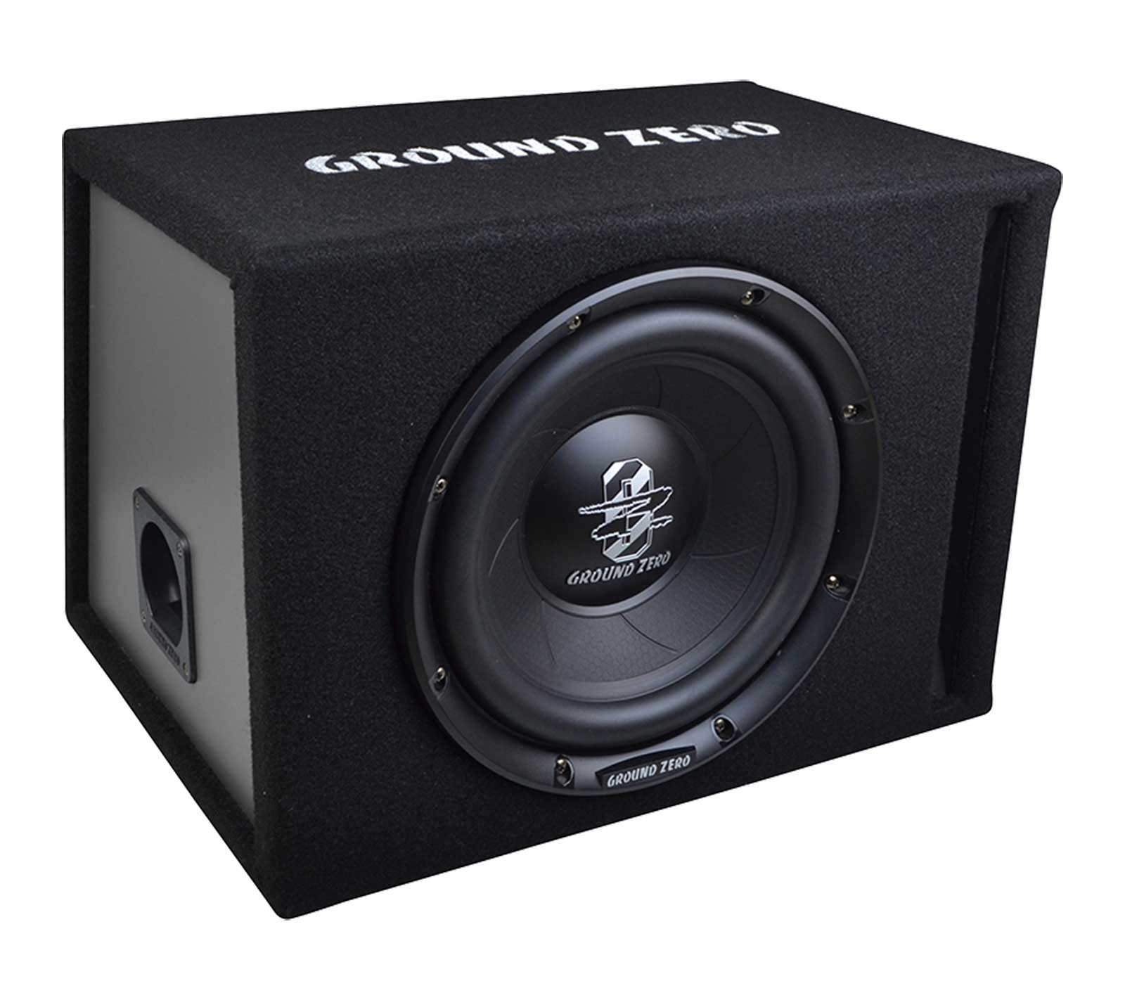 Un subwoofer Ground Zero nero. Ha un grande altoparlante nella parte anteriore. Il nome del marchio è visibile sulla scatola.