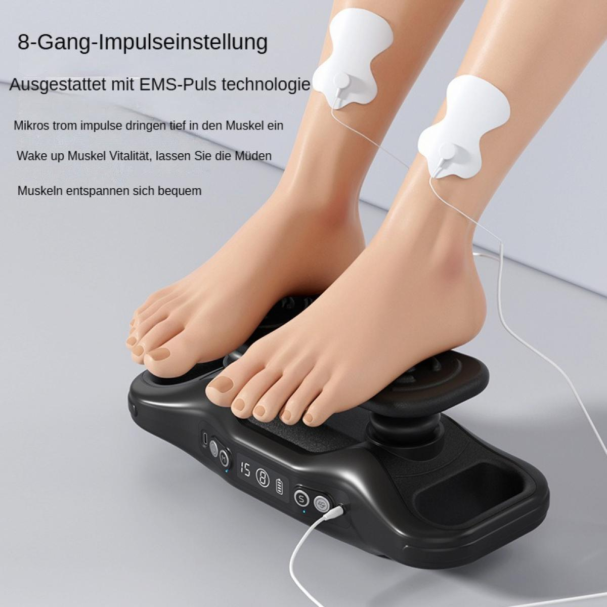 Füße auf einem schwarzen EMS-Gerät mit angebrachten Pads. Text auf Deutsch beschreibt Funktion und Merkmale.