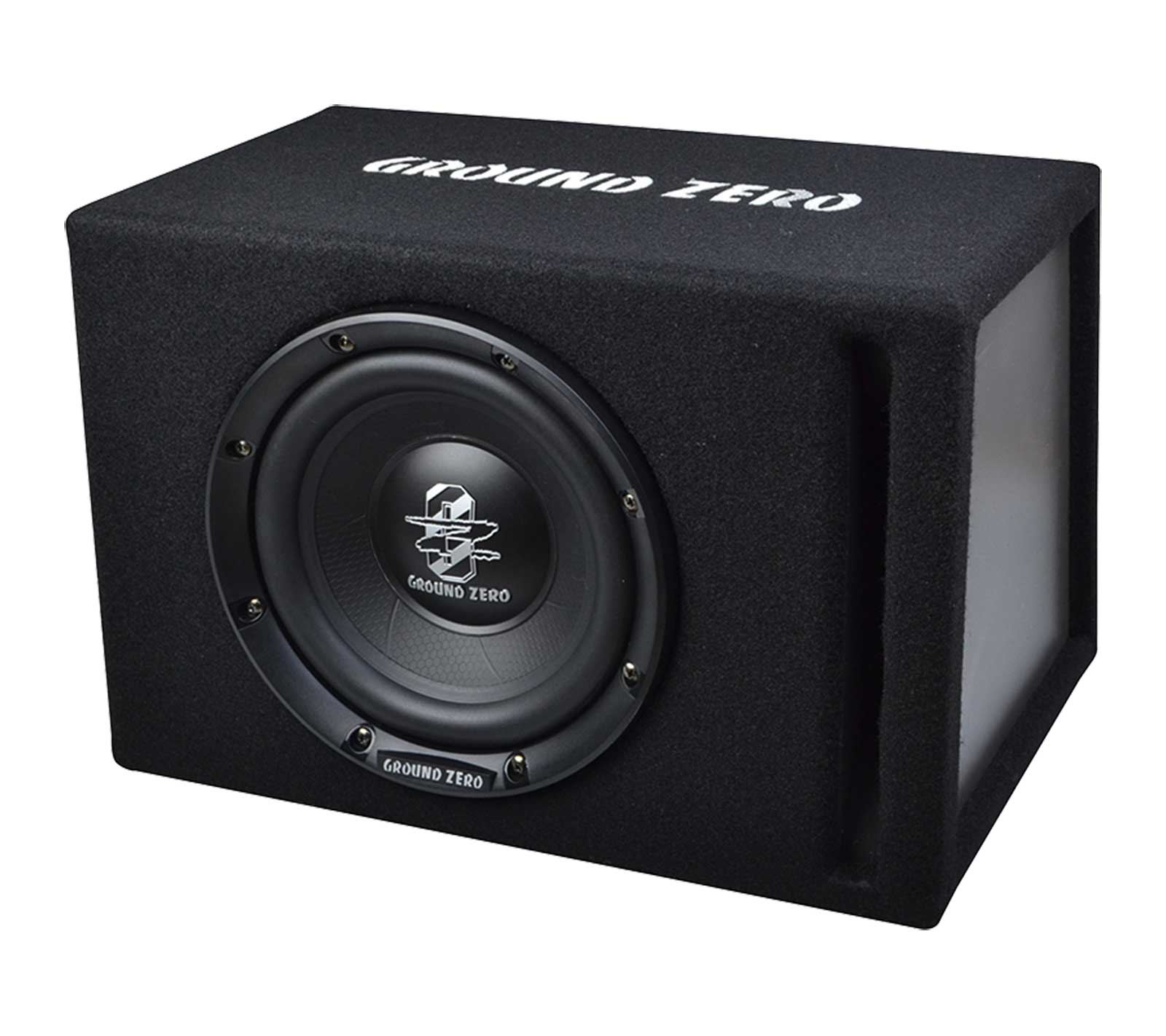 Schwarzer Ground Zero Subwoofer mit einem großen Lautsprecher vorne. Der Name steht weiß darauf.