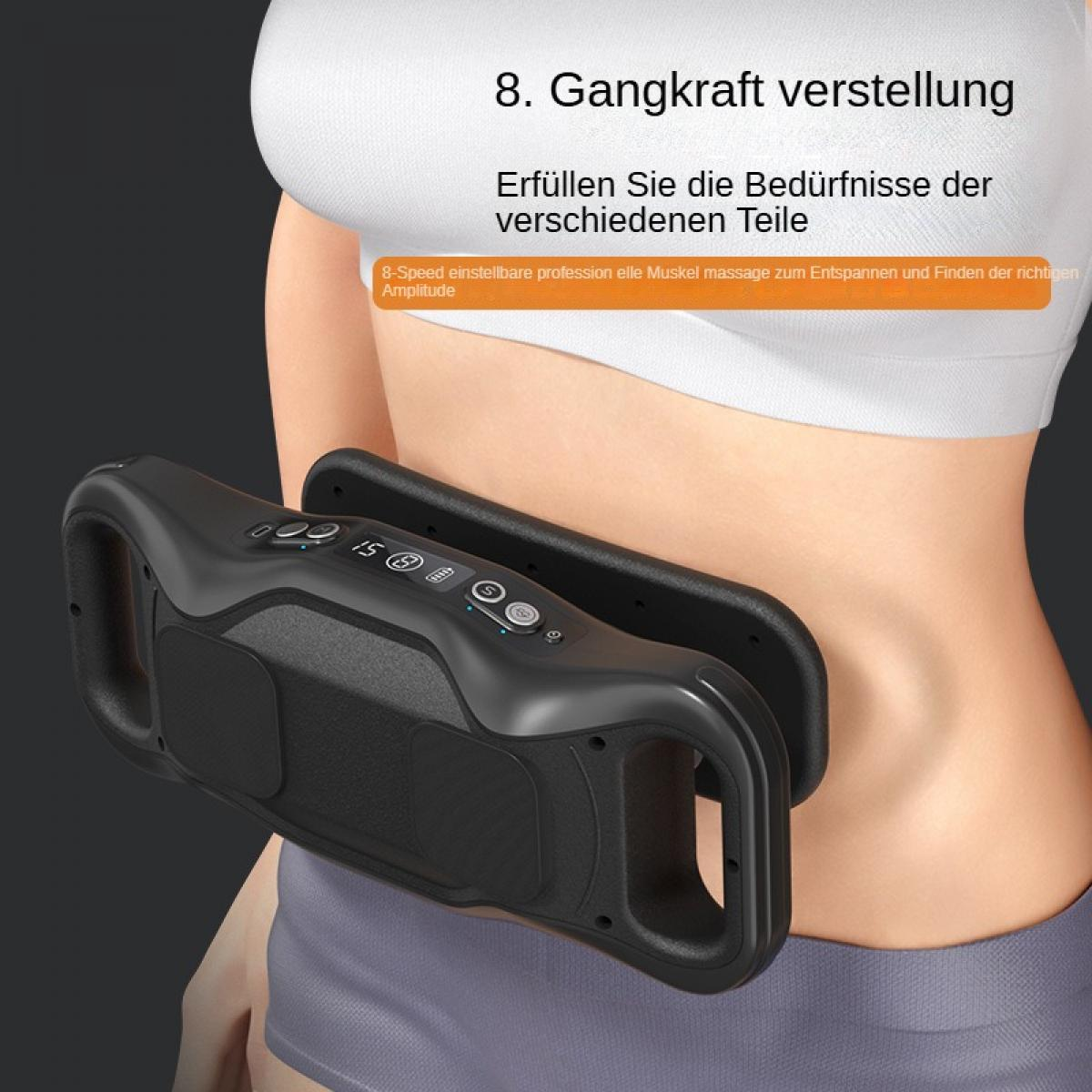 Eine Person hält ein schwarzes Massagegerät gegen ihren Bauch. Text auf Deutsch steht darüber. Das Gerät hat Knöpfe und ein digitales Display.