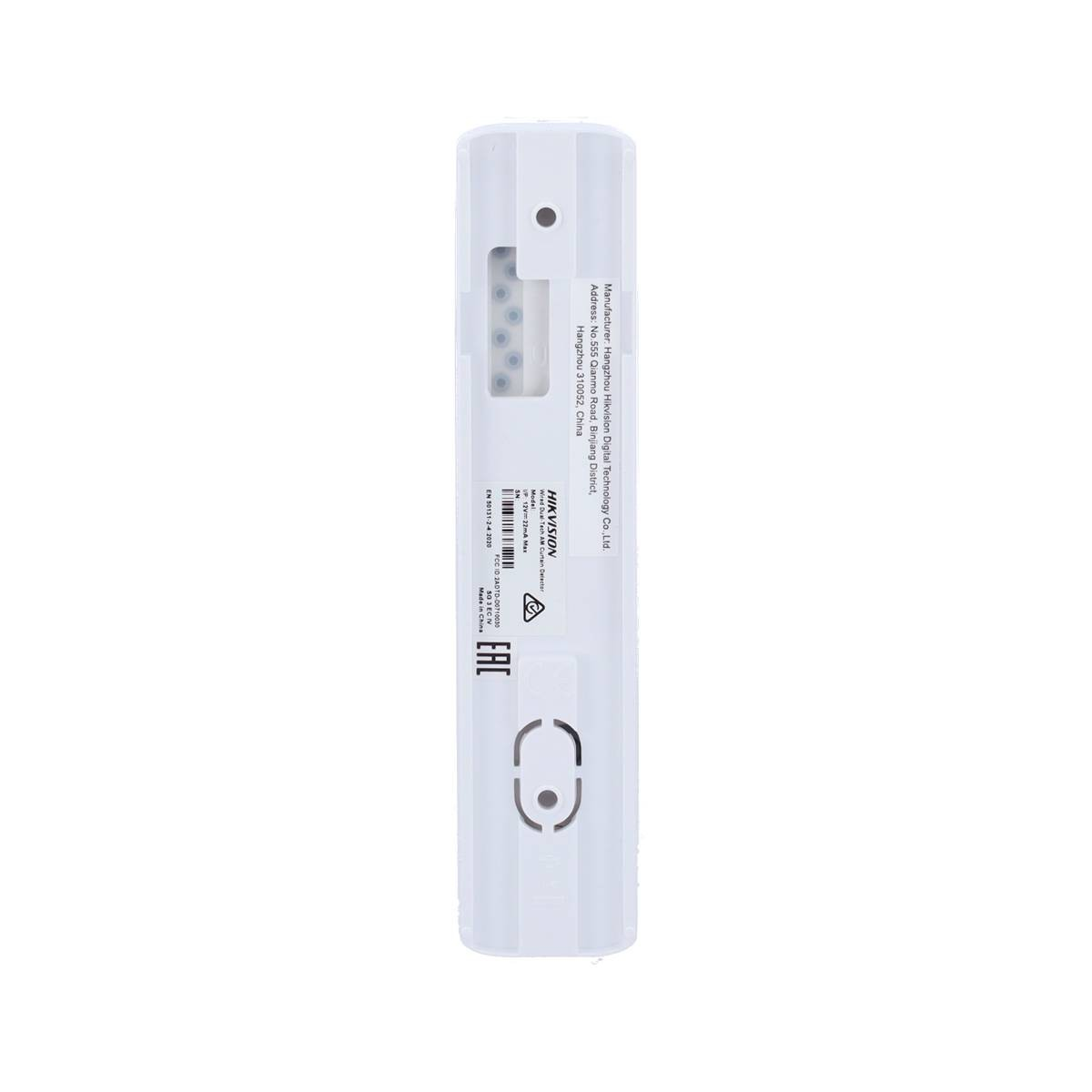 Un dispositivo Hikvision blanco con texto y logotipos, detalles del modelo y una marca EAC sobre fondo blanco.