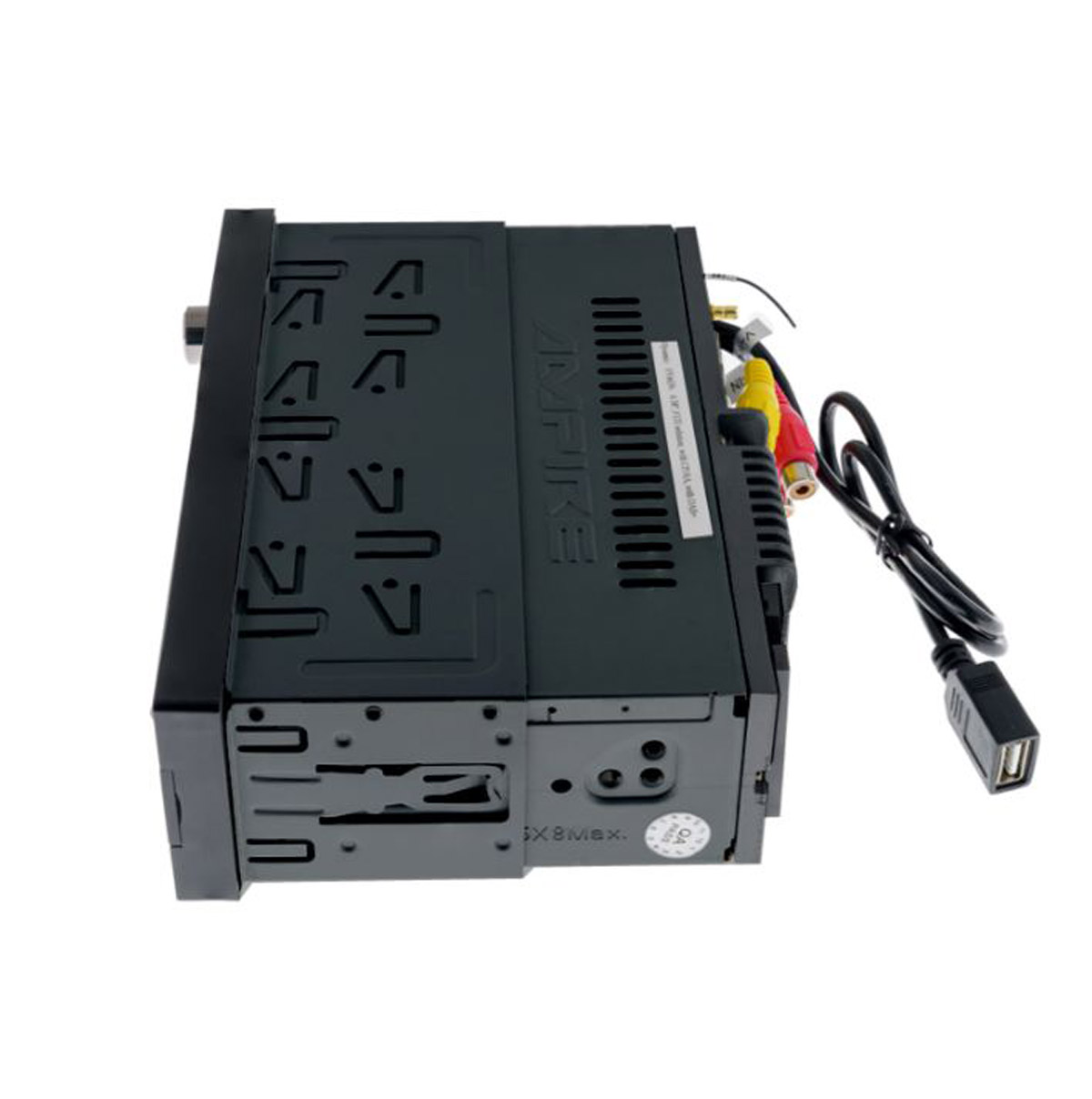 Ein Autoradio. Es hat ein schwarzes Gehäuse, der Markenname ist sichtbar. Drähte mit Anschlüssen und ein USB-Kabel sind angeschlossen.