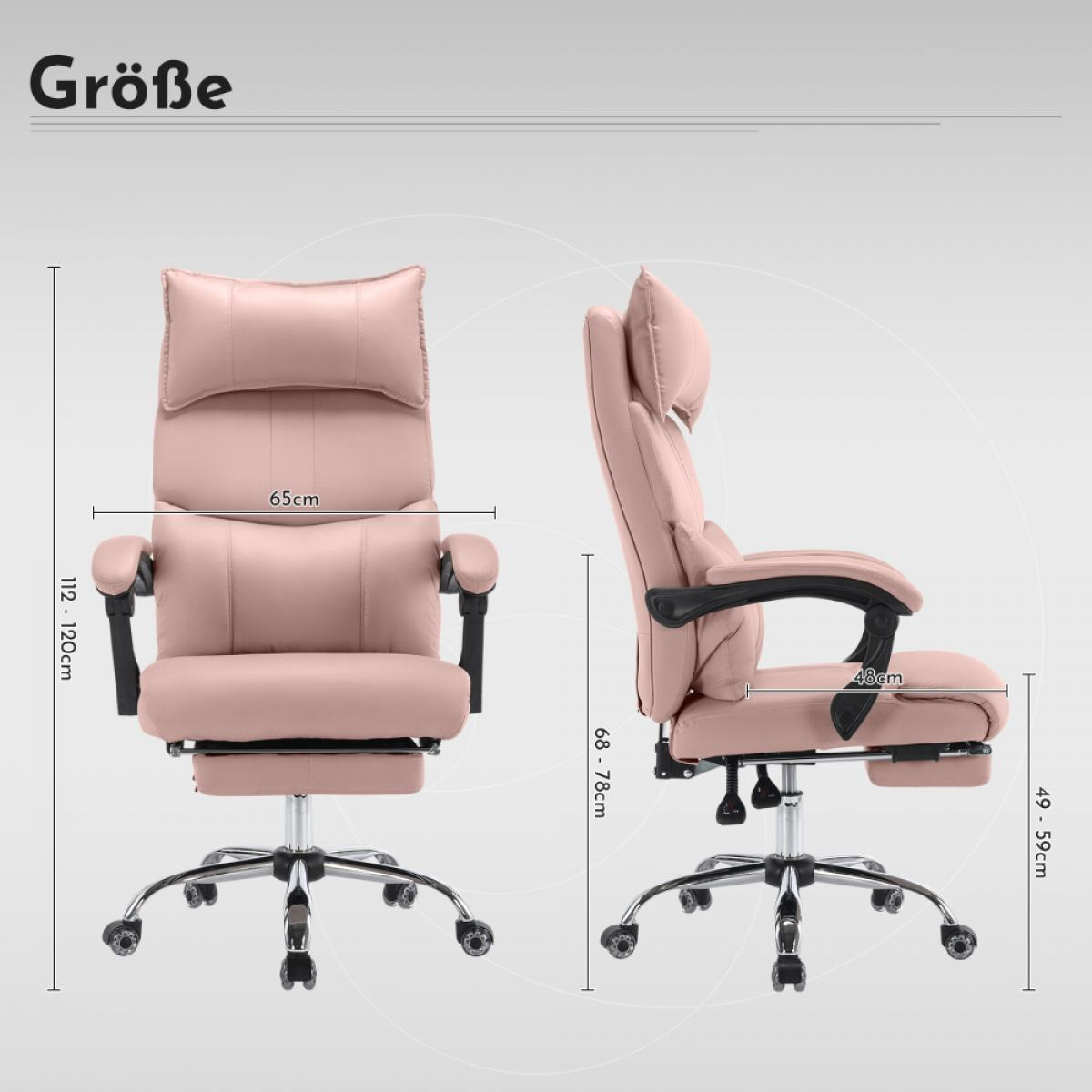Ein rosa Bürostuhl wird in zwei Ansichten, vorne und seitlich, mit Abmessungen dargestellt. Der Stuhl hat eine Kopfstütze, Armlehnen und ein Chromgestell.