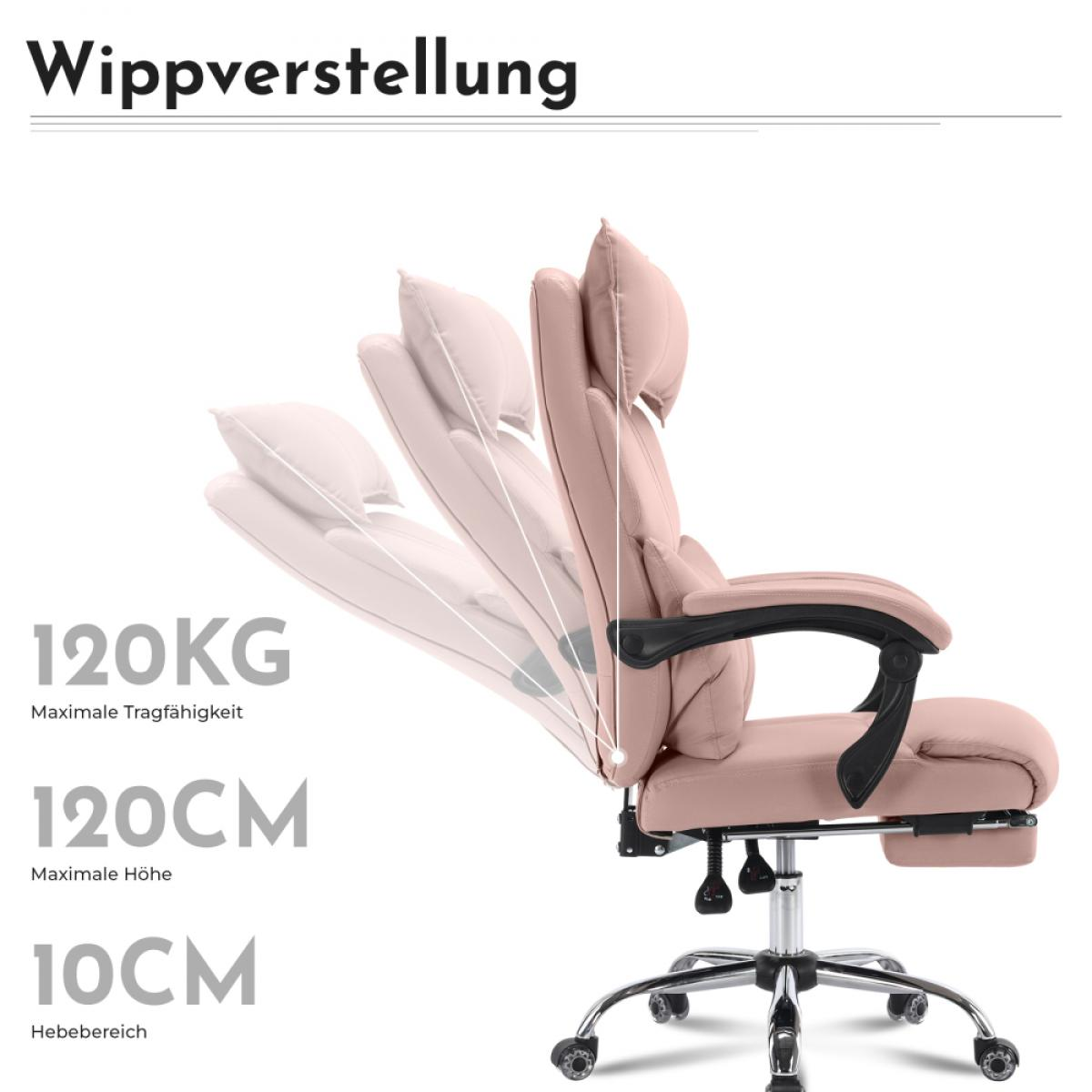 Ein rosa Bürostuhl mit schwarzer Armlehne wird gezeigt. Der Stuhl befindet sich in mehreren Positionen, und Text zeigt Gewichts- und Höhenbegrenzungen.