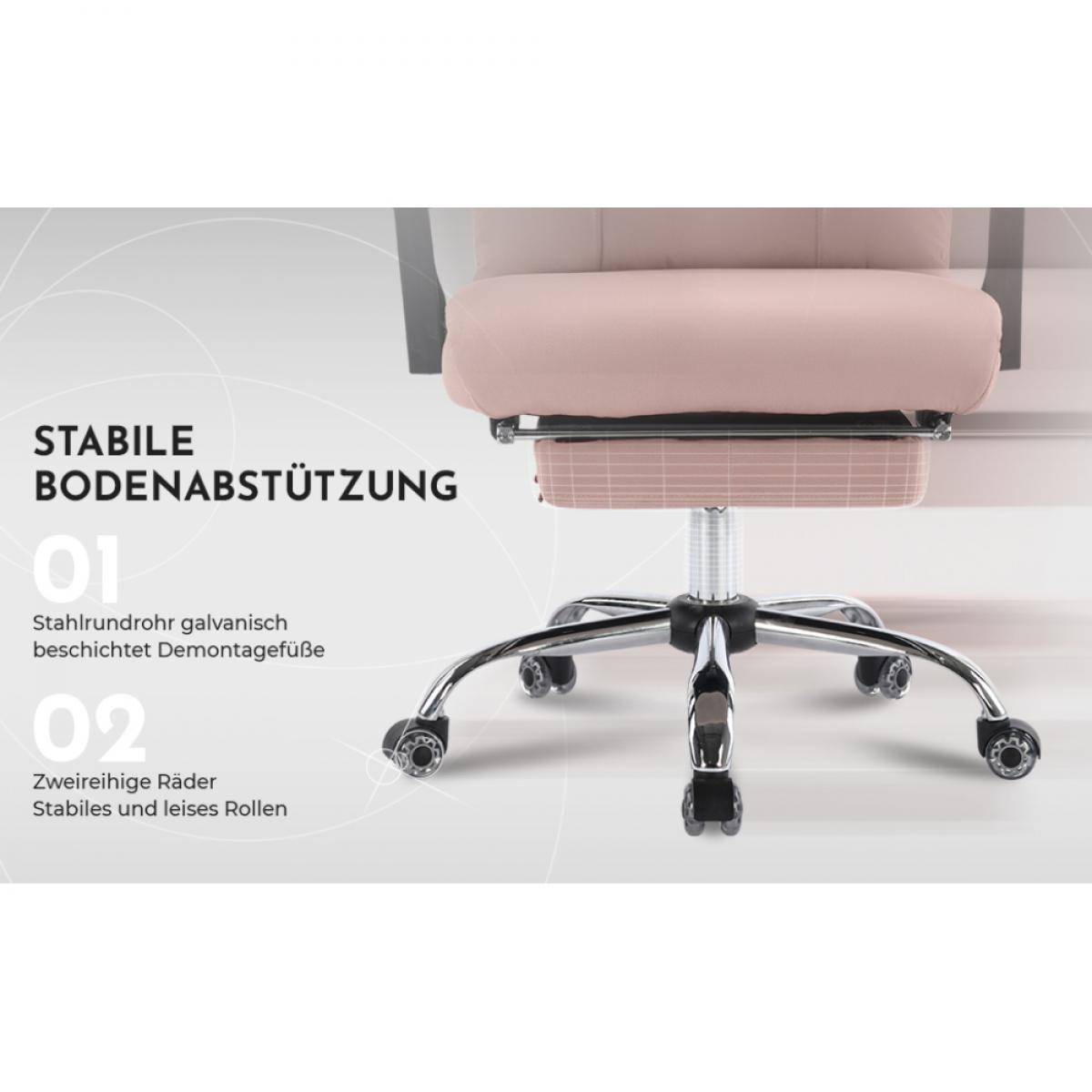 Nahaufnahme eines Bürostuhls. Der Stuhl hat einen rosa Sitz und eine Rückenlehne, ein Chromgestell mit Rädern und Text auf Deutsch.