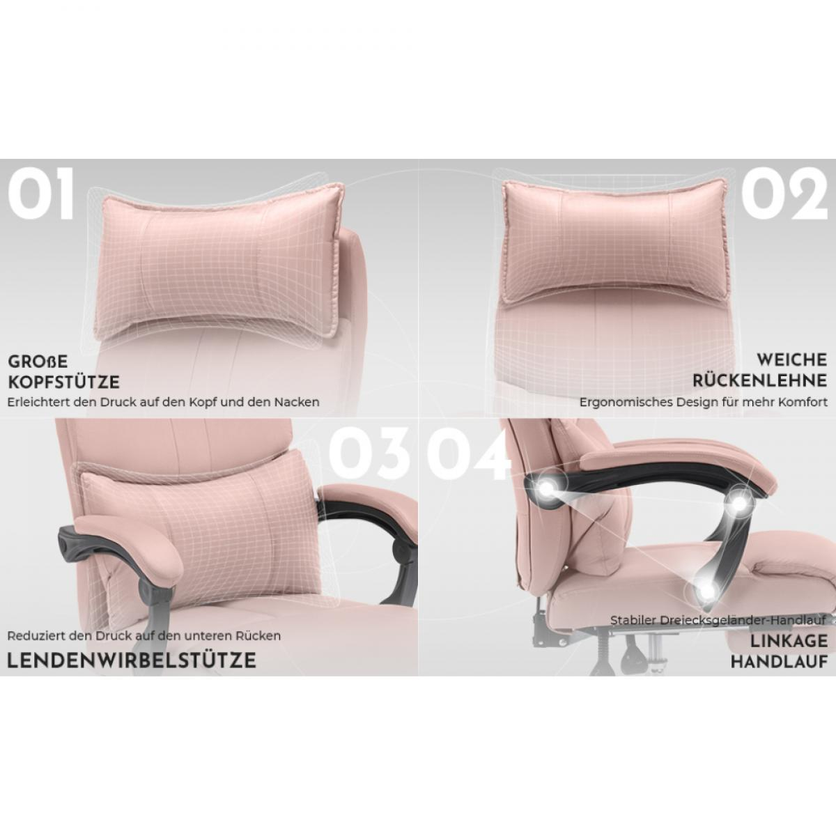 Ein Bürostuhl mit Kopfstütze, Rückenlehne, Armlehnen und Lendenwirbelstütze. Hervorgehobene Merkmale sind ergonomisches Design und stabile Handläufe.