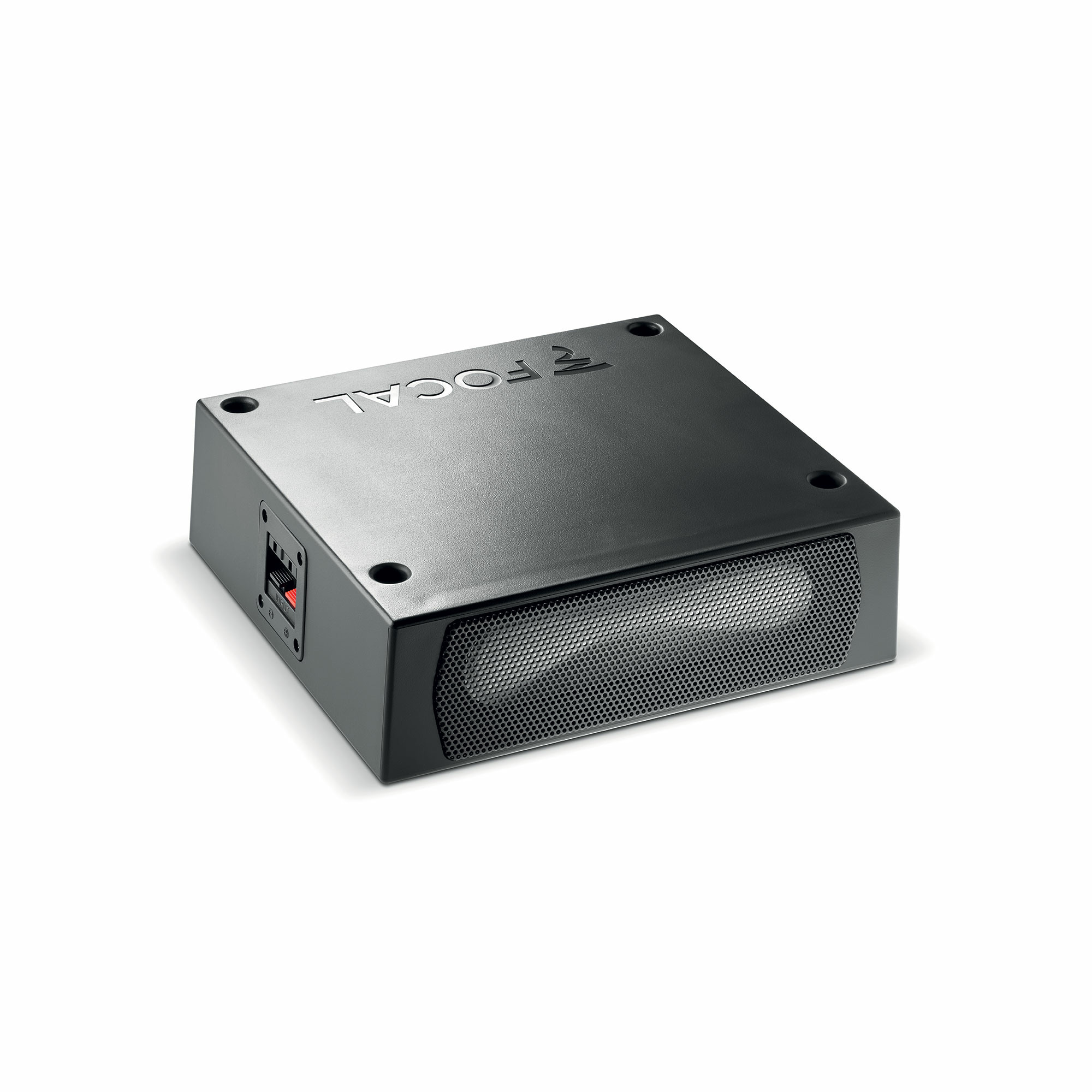 Ein schwarzer Focal-Subwoofer auf weißem Hintergrund. Er hat eine Mesh-Front, den Markennamen oben und einen roten Schalter.