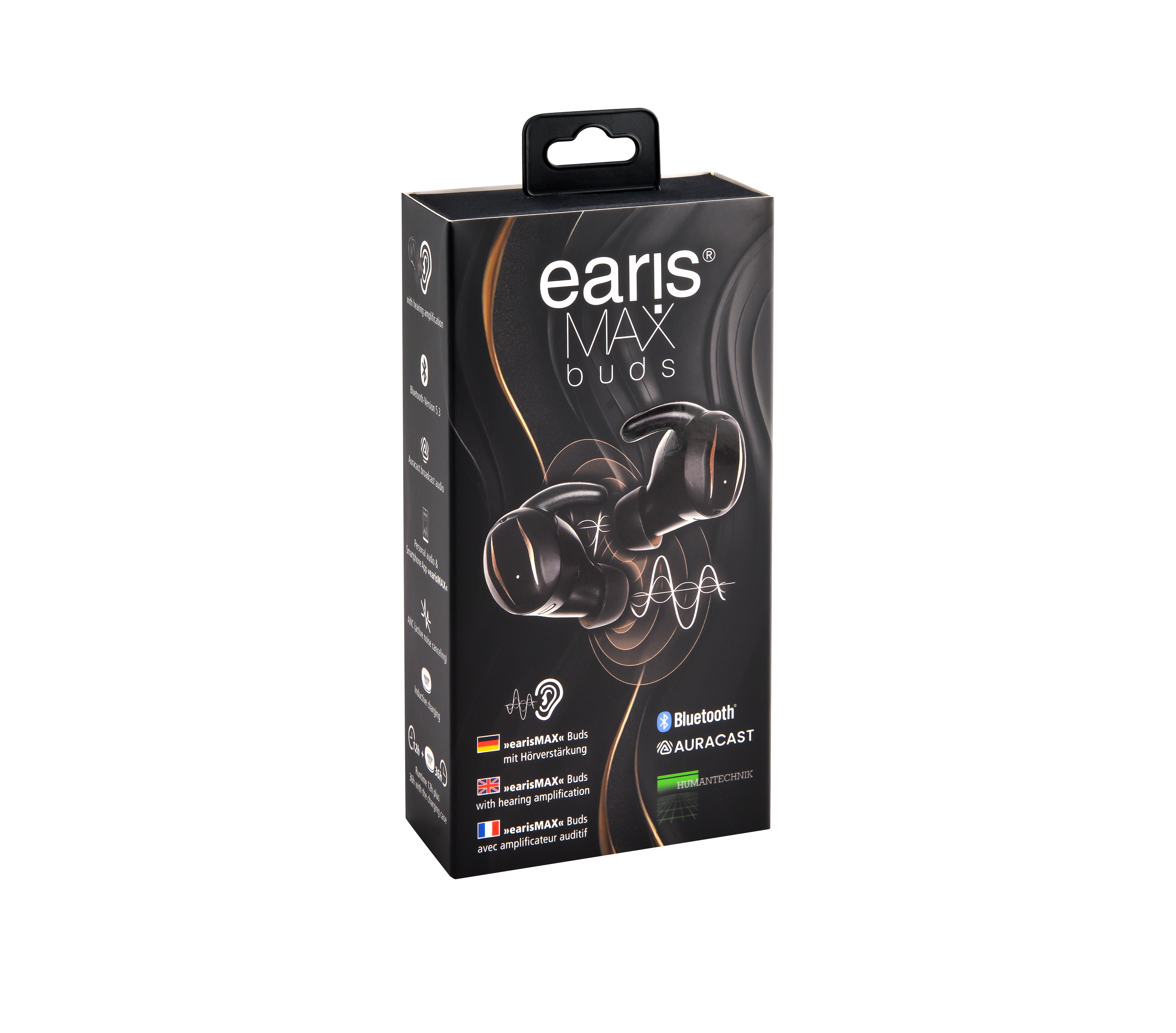 Schwarze Box mit earisMAX Buds. Enthält Ohrhörer, Bluetooth-Logo und Informationen zur Hörverstärkung.