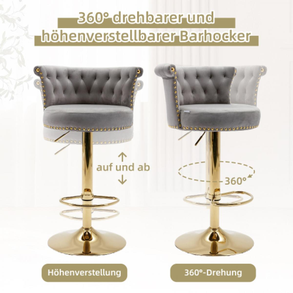 Das Bild zeigt zwei graue Barhocker aus Samt mit goldenen Basen. Text weist auf Höhenverstellbarkeit und 360-Grad-Drehung hin.