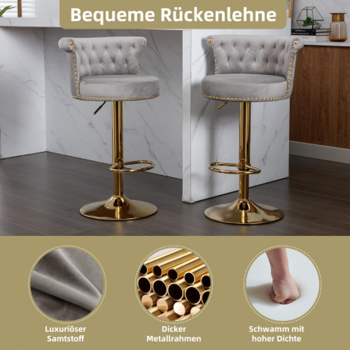 Zwei graue Samt-Barhocker mit goldenen Beinen. Detailbilder zeigen Samt, Metallrahmen und hochdichten Schaumstoff. Hintergrund ist eine Küche.