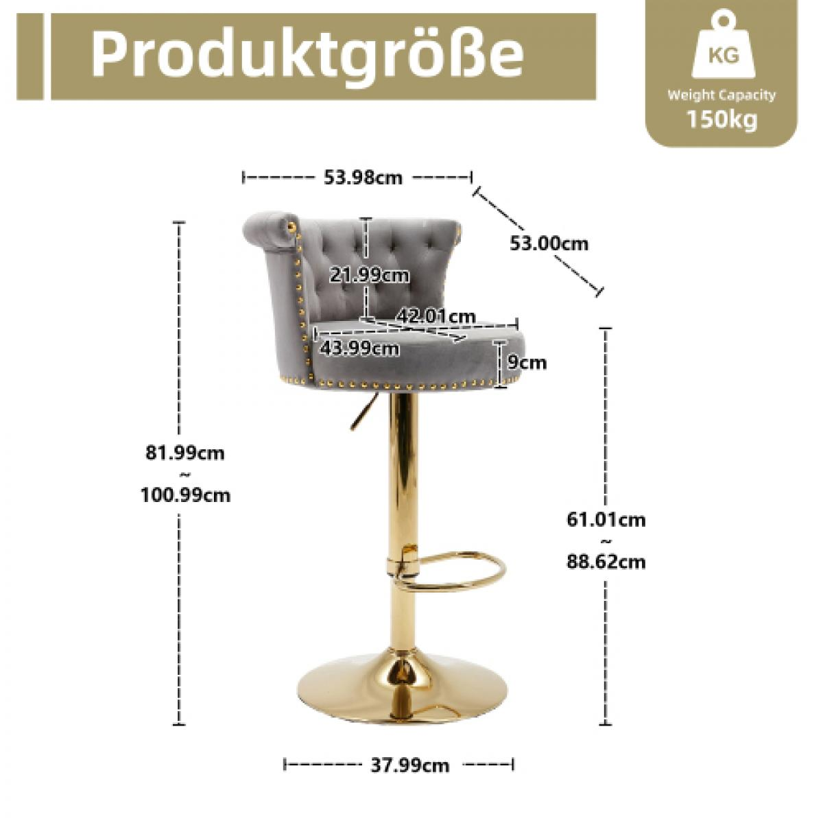 Ein grauer und goldener Barhocker mit Maßangaben. Der Hocker hat eine Knopf-Rückseite, einen goldenen Sockel und eine Fußstütze.