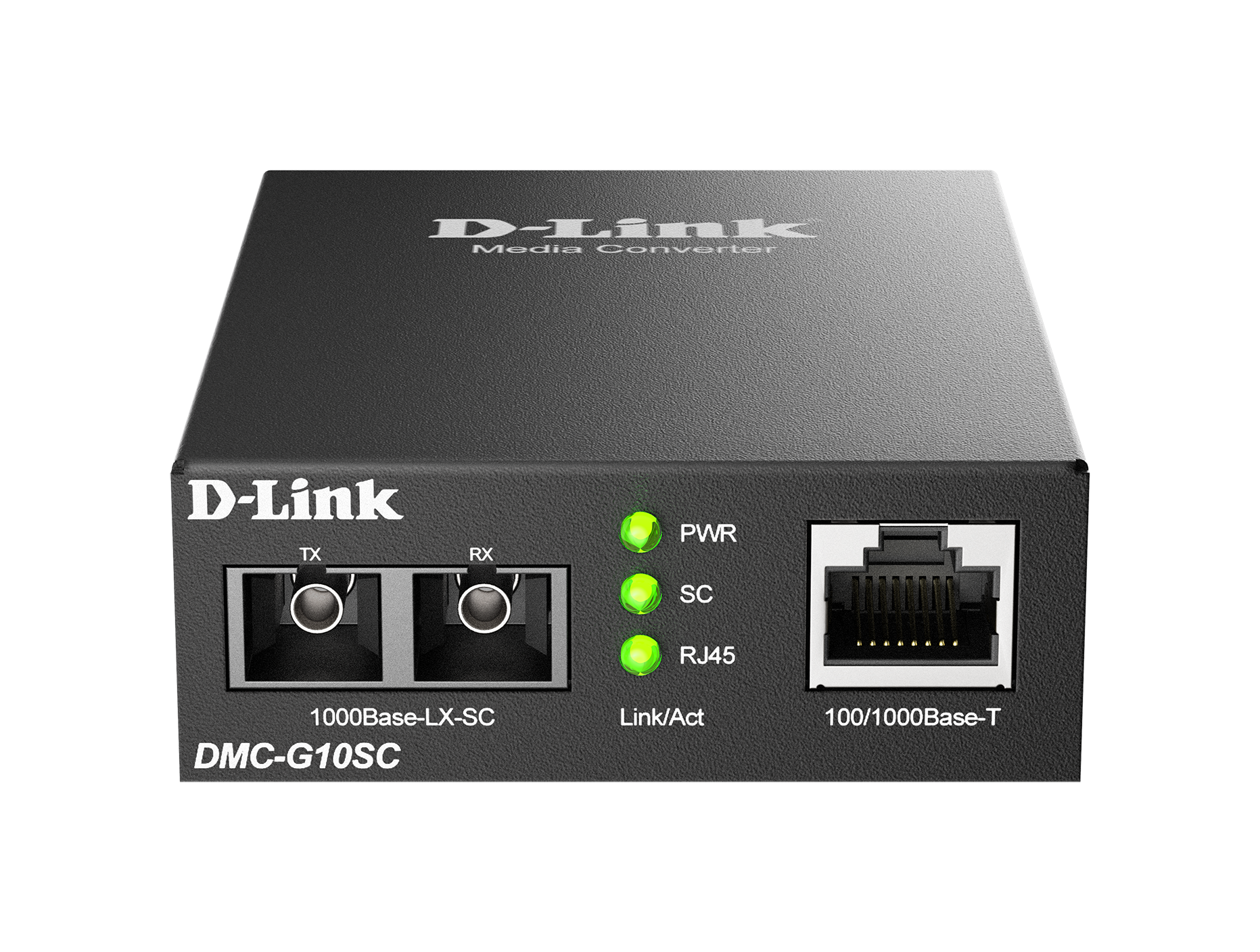 Ein D-Link Medienkonverter. Es hat Anschlüsse für Glasfaserkabel und einen RJ45-Anschluss. Es gibt Lichter, die Strom und Aktivität anzeigen.