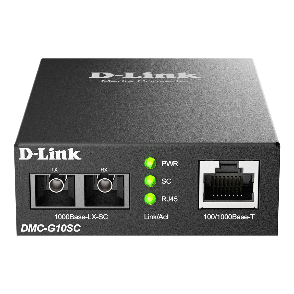 Ein D-Link Medienkonverter. Er hat Anschlüsse mit den Bezeichnungen TX, RX, RJ45 und SC. Anzeigen für Strom, SC und Link/Act leuchten.
