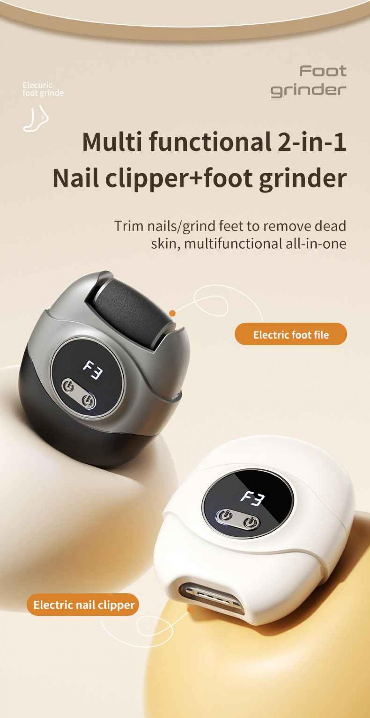 Das Bild zeigt zwei elektrische Fuß- und Nagelpflegegeräte. Eines ist grau, das andere weiß. Text hebt ihre Funktionen hervor.