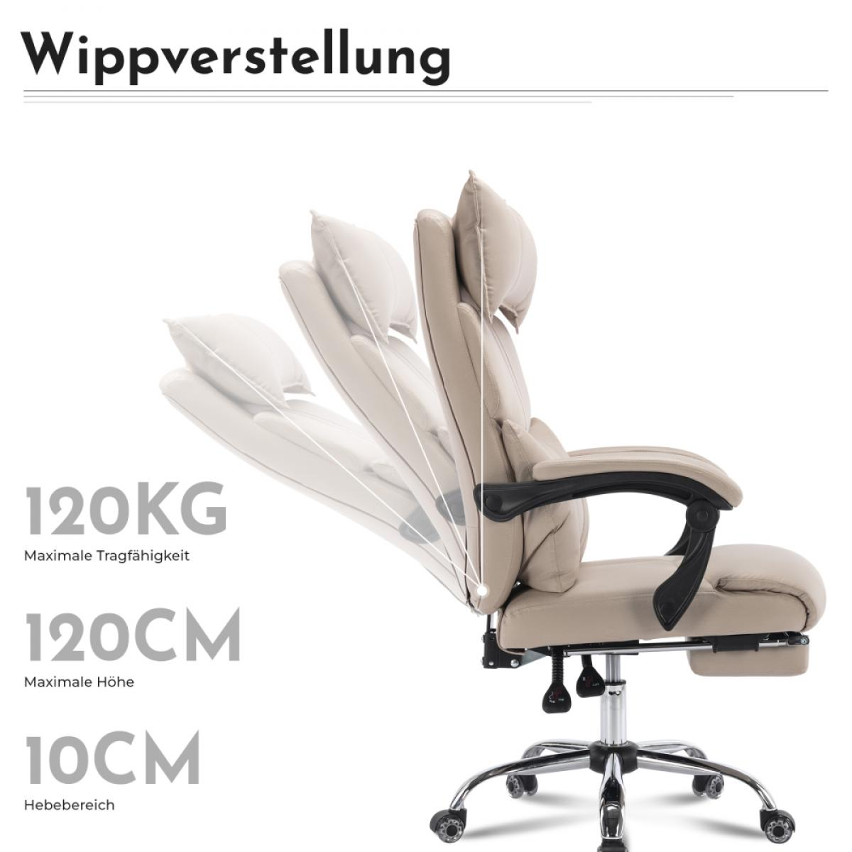 Beiger Bürostuhl mit verstellbarer Rückenlehne. Zeigt verschiedene Liegepositionen mit Gewichts- und Höhenangaben auf Deutsch.