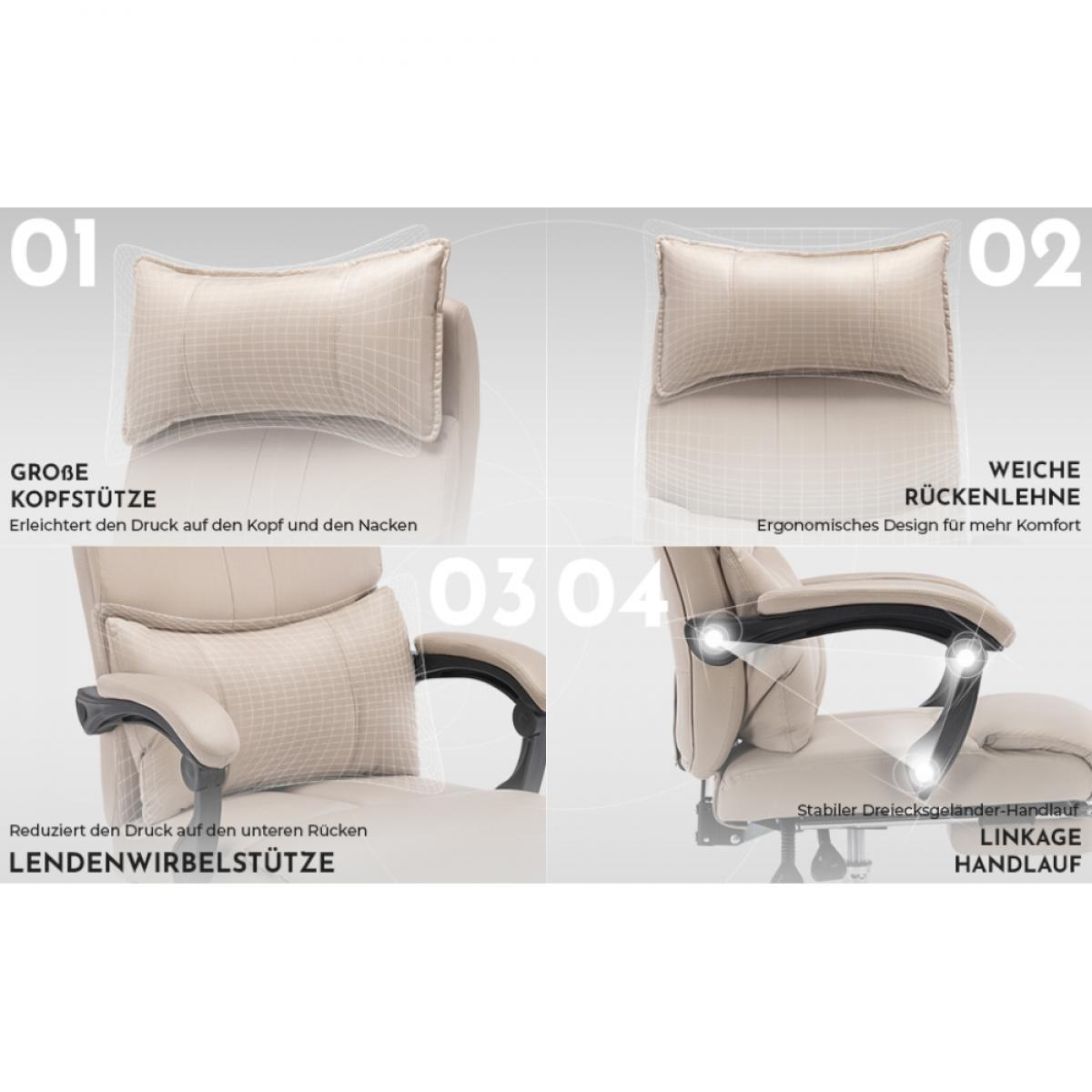 Ein Bürostuhl mit Kopfstütze, Rückenlehne, Armlehnen und Lendenwirbelstütze. Der Stuhl ist beige mit schwarzen Armstützen und ist in vier Bereiche unterteilt.