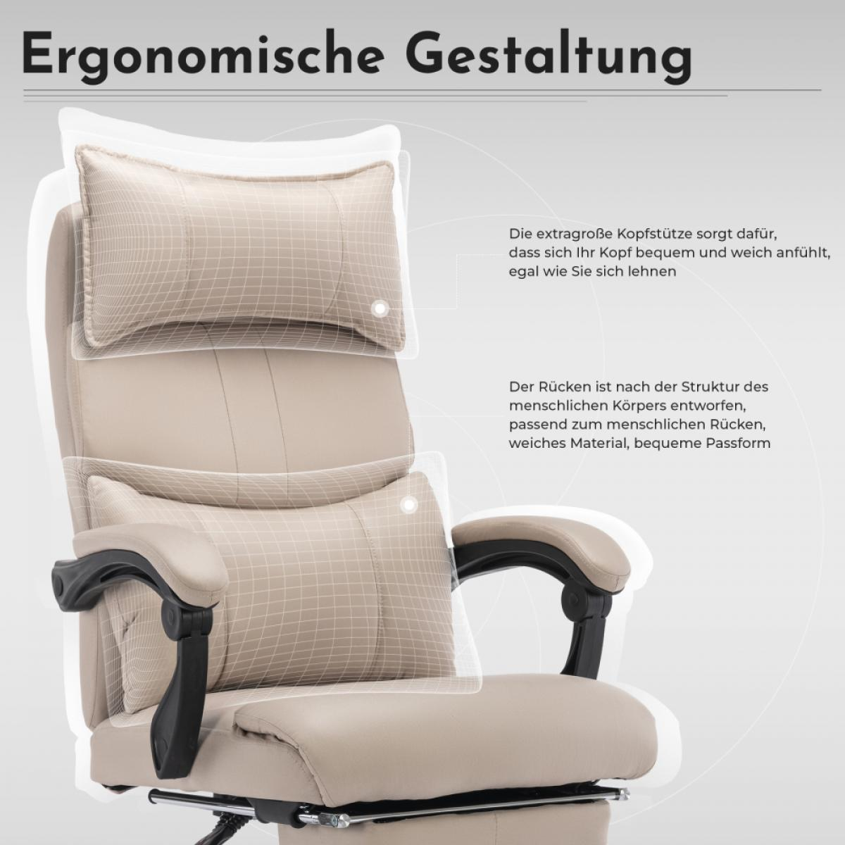 Ein ergonomischer Bürostuhl mit Kopf- und Rückenlehne. Beige Farbe. Der Stuhl ist auf Komfort und Unterstützung ausgelegt.