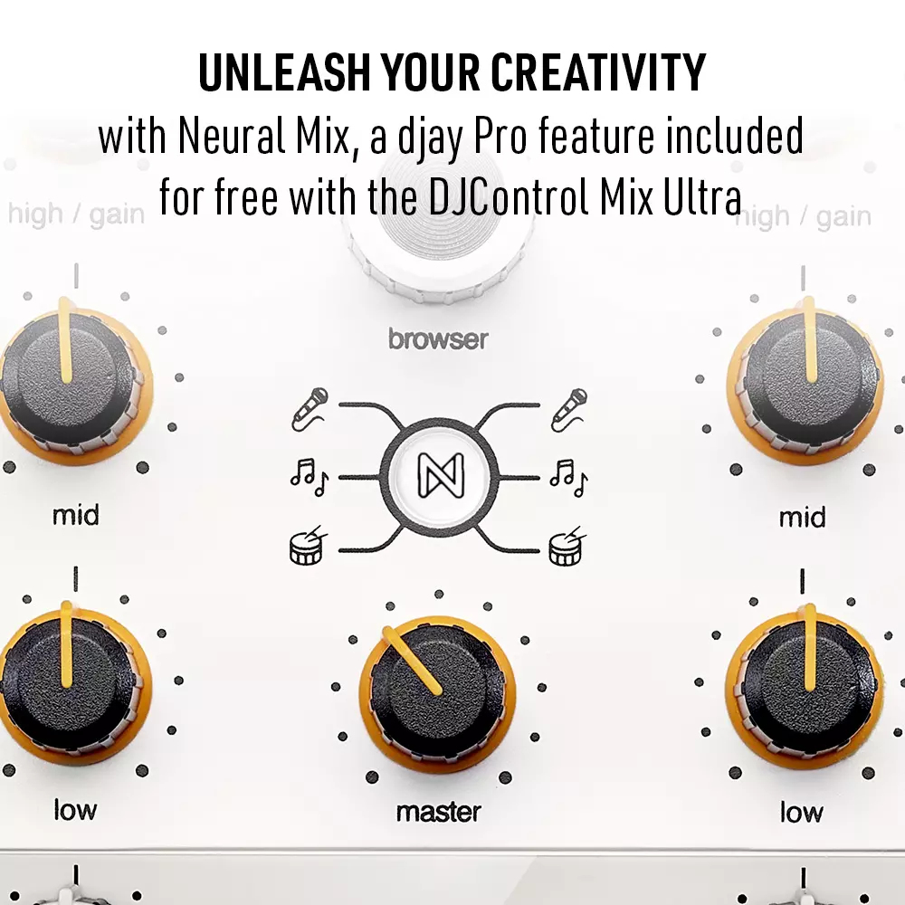 DJ-controller met knoppen high, mid, low en master. Midden: Neural Mix-logo met muziek-iconen.