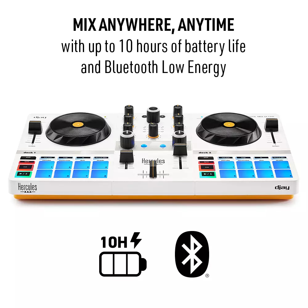 DJ-controller met twee draaitafels, knoppen, knoppen en schuifregelaars. Tekst: Mix overal en altijd. Symbolen voor batterij en Bluetooth.