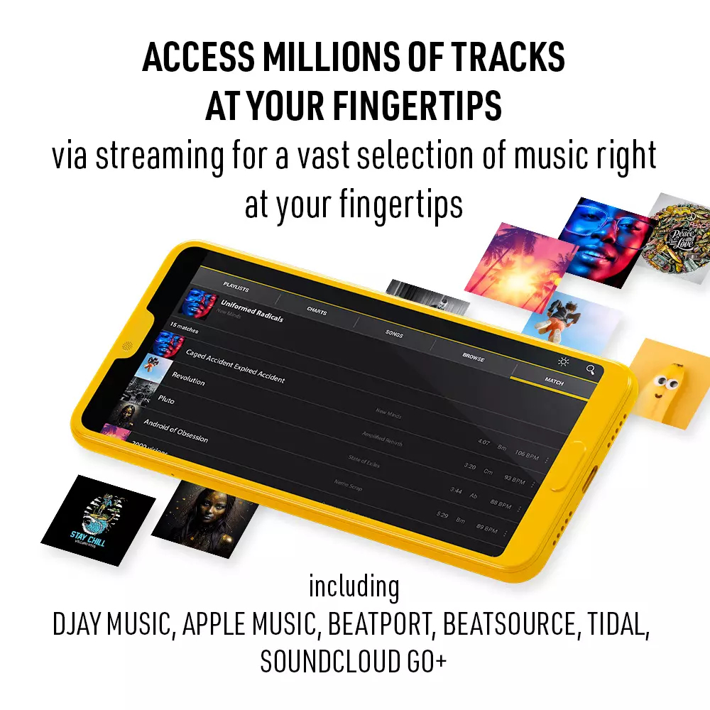 Een gele telefoon toont een muziek-app. Tekst: Toegang tot miljoenen tracks. Afbeeldingen van muziekcovers en logo's zijn inbegrepen.