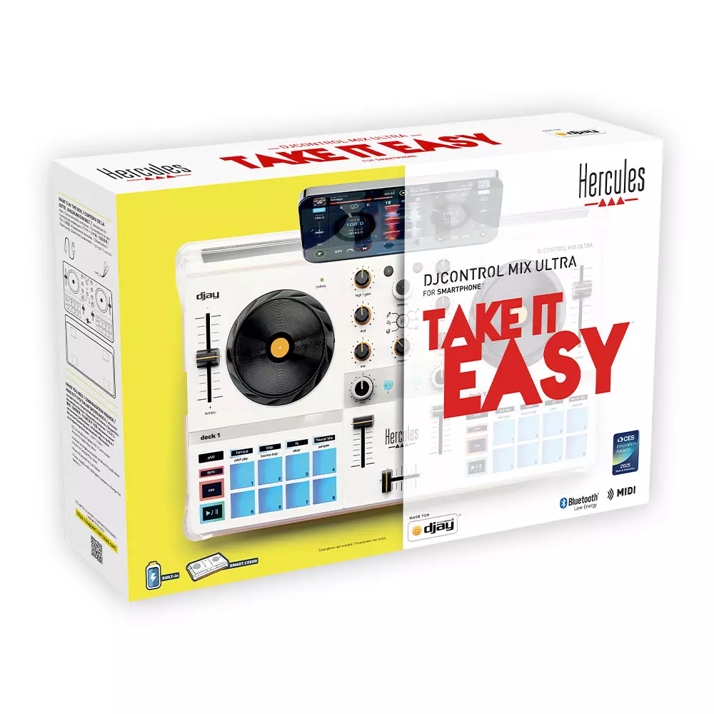 Een witte en gele doos met een DJ-controller erin. Op de doos staat 'Take it Easy'. Merk Hercules.
