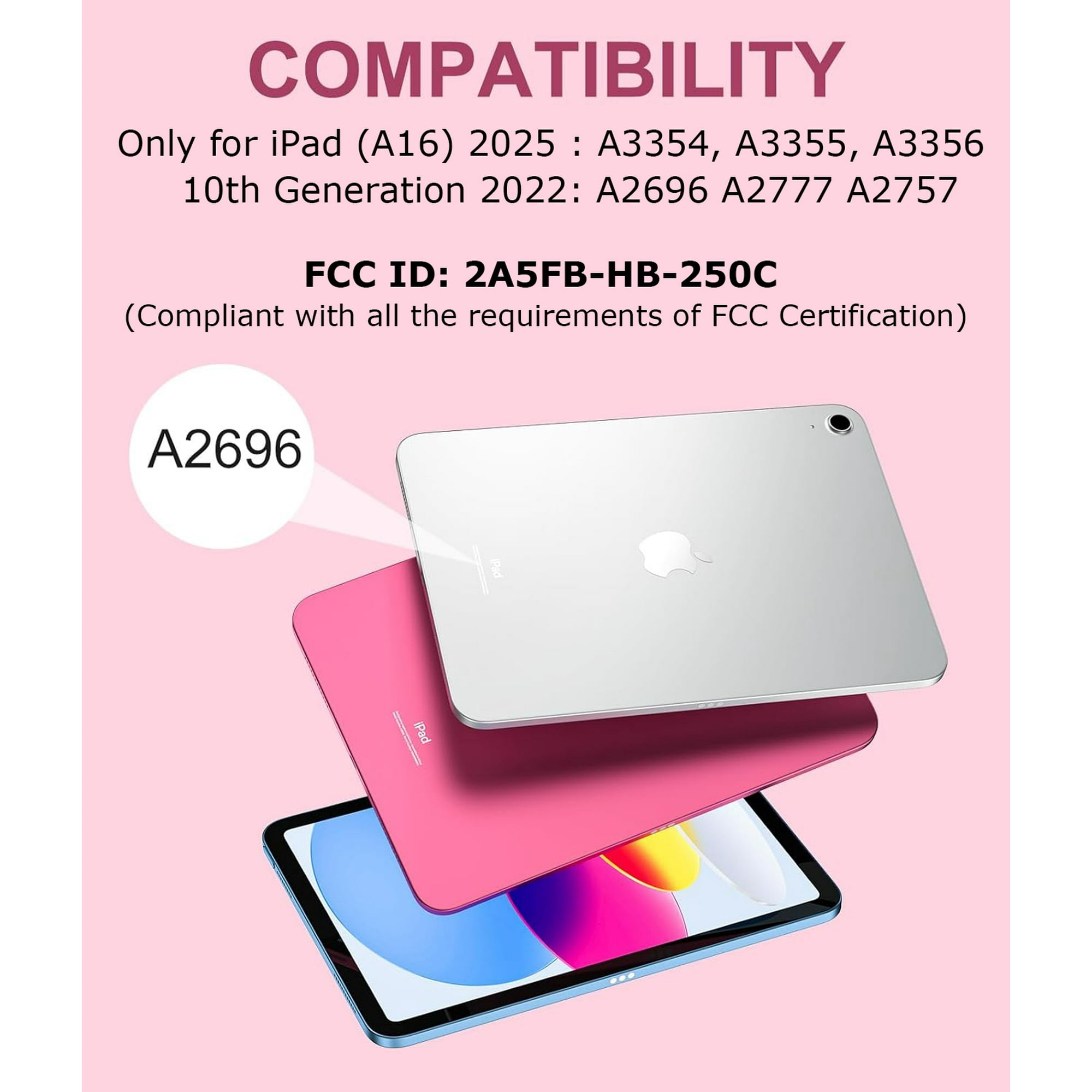 Das Bild zeigt ein iPad mit rosa Hülle. Text weist auf Kompatibilität mit iPad-Modellen hin, einschließlich A2696. FCC-ID wird angezeigt.