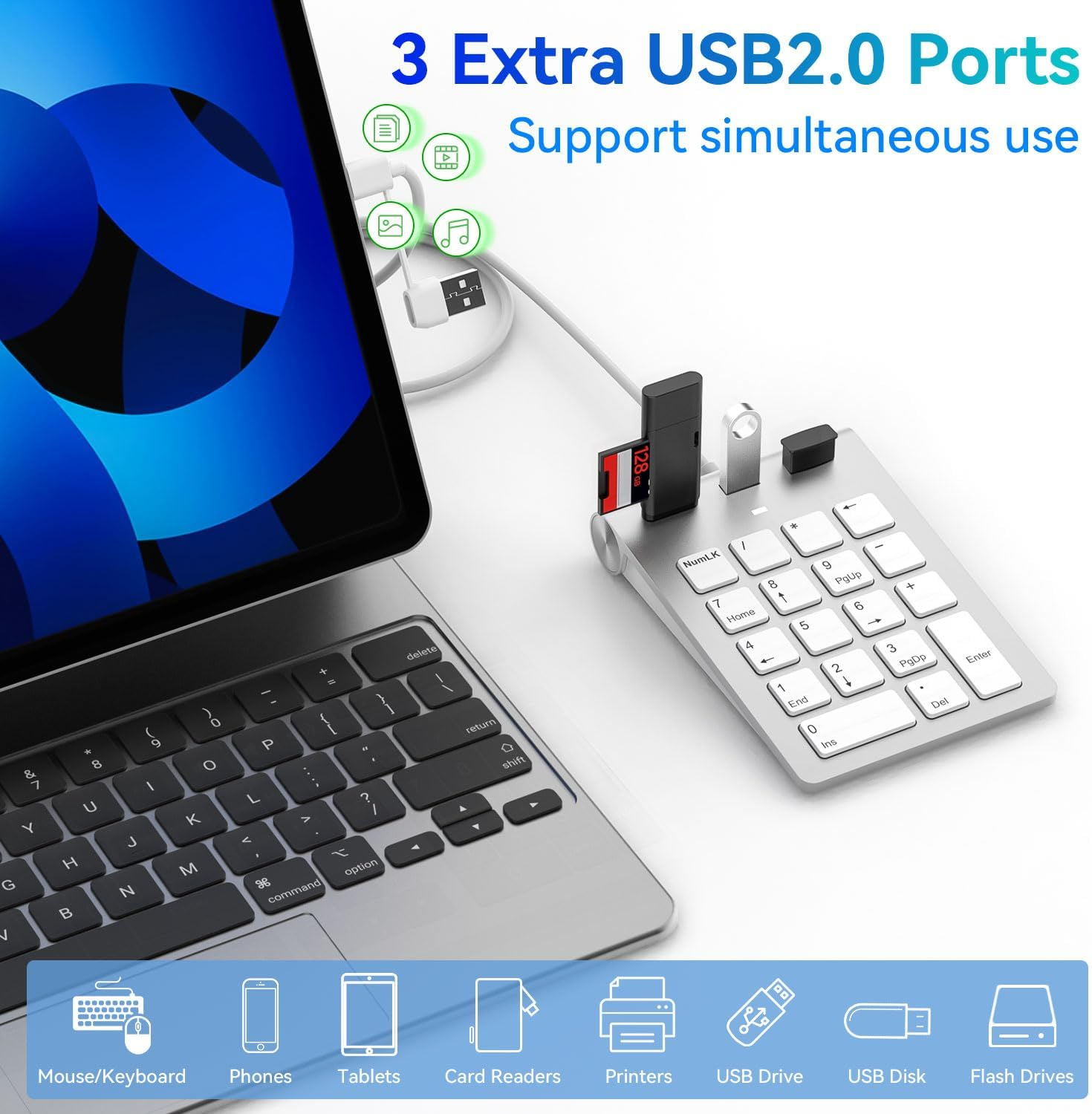 Ein Laptop mit angeschlossenem Nummernfeld und USB-Anschlüssen. Ein USB-Stick und andere Geräte sind ebenfalls vorhanden.
