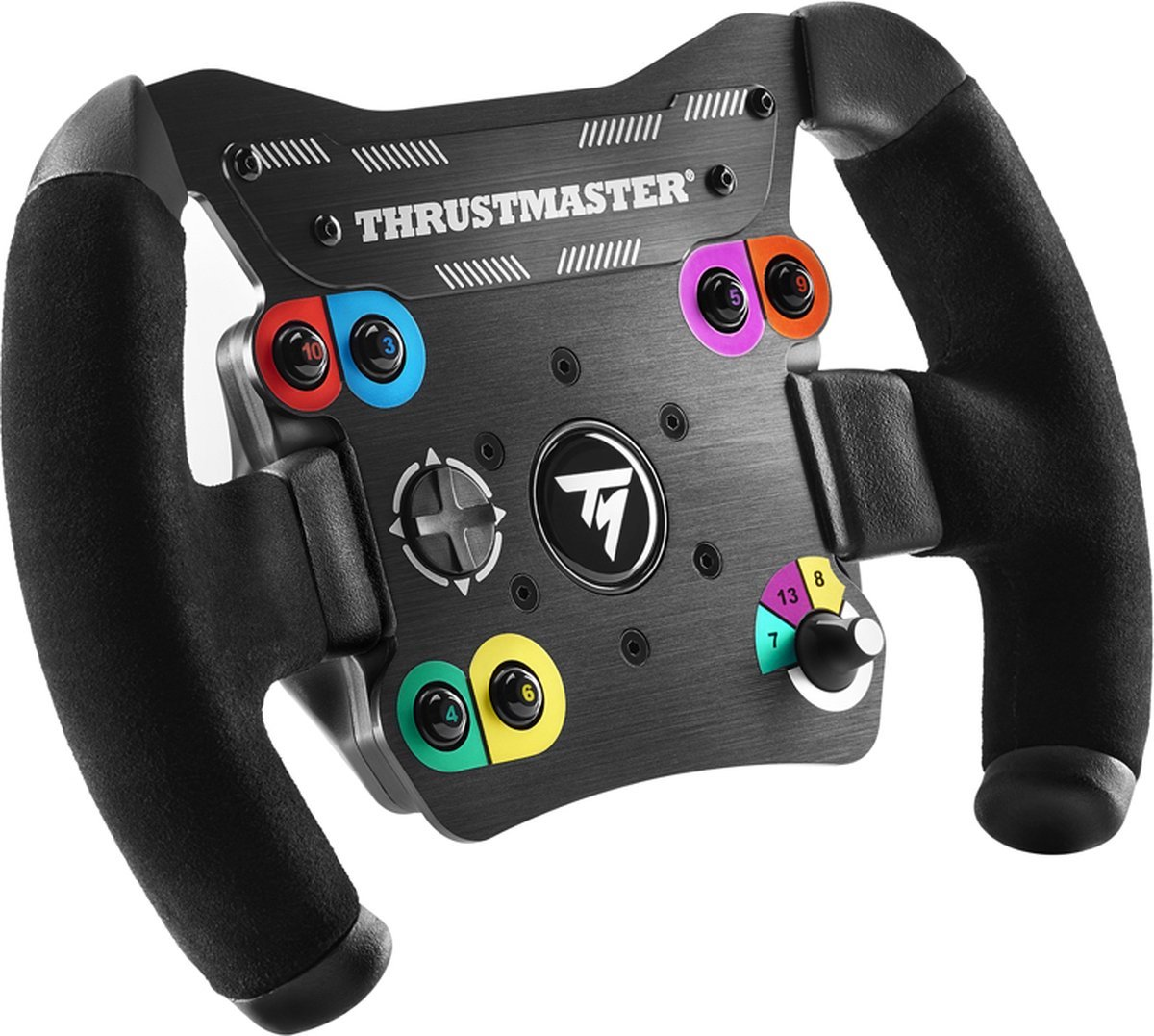 Un volante da corsa Thrustmaster, nero, con pulsanti di vari colori e un logo al centro.