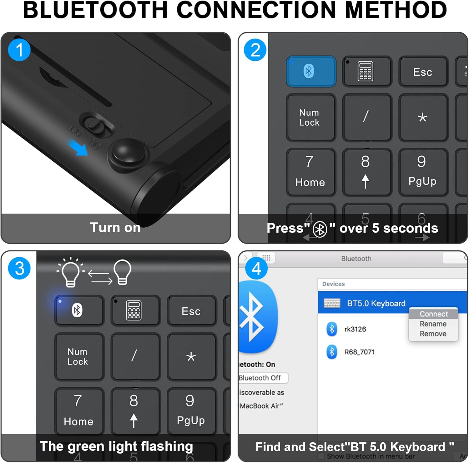 Schritte zum Verbinden einer Tastatur über Bluetooth. Schalten Sie die Tastatur ein, drücken Sie die Bluetooth-Taste. Wählen Sie 'BT 5.0 Keyboard' auf Ihrem Gerät aus.