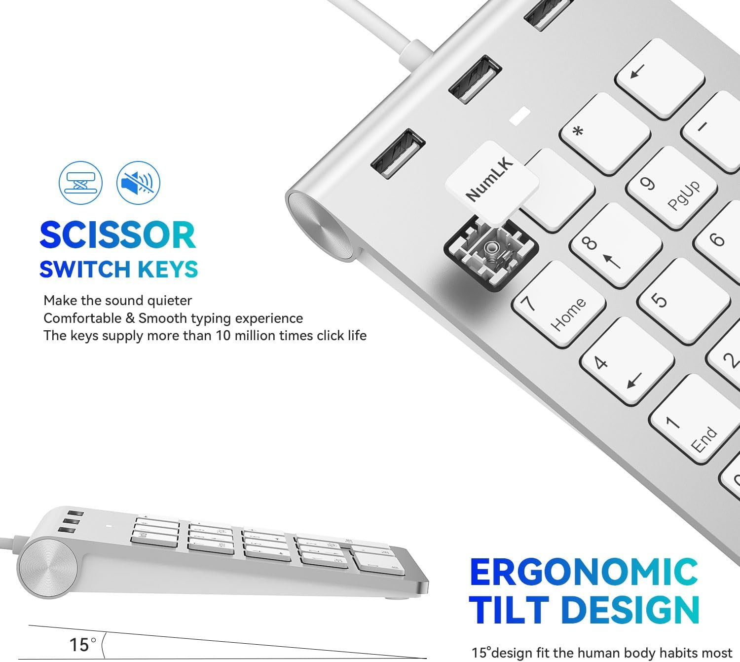 Nahaufnahme einer silbernen Tastatur mit weißen Tasten. Eine Taste ist entfernt und zeigt den Scherenmechanismus. Text hebt Merkmale hervor.