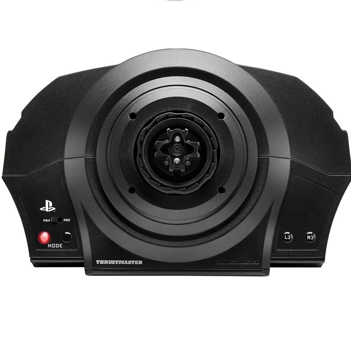 Volante da corsa Thrustmaster nero. Ha pulsanti PS4/PS3, pulsante modalità, pulsanti L3/R3 e un'area di connessione centrale.