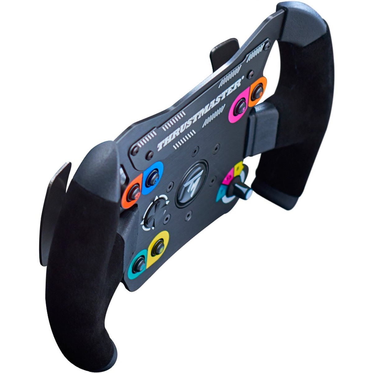 Un volante da corsa Thrustmaster, nero, con pulsanti e impugnatura colorati. Il nome del marchio è visibile. È un volante per la simulazione.