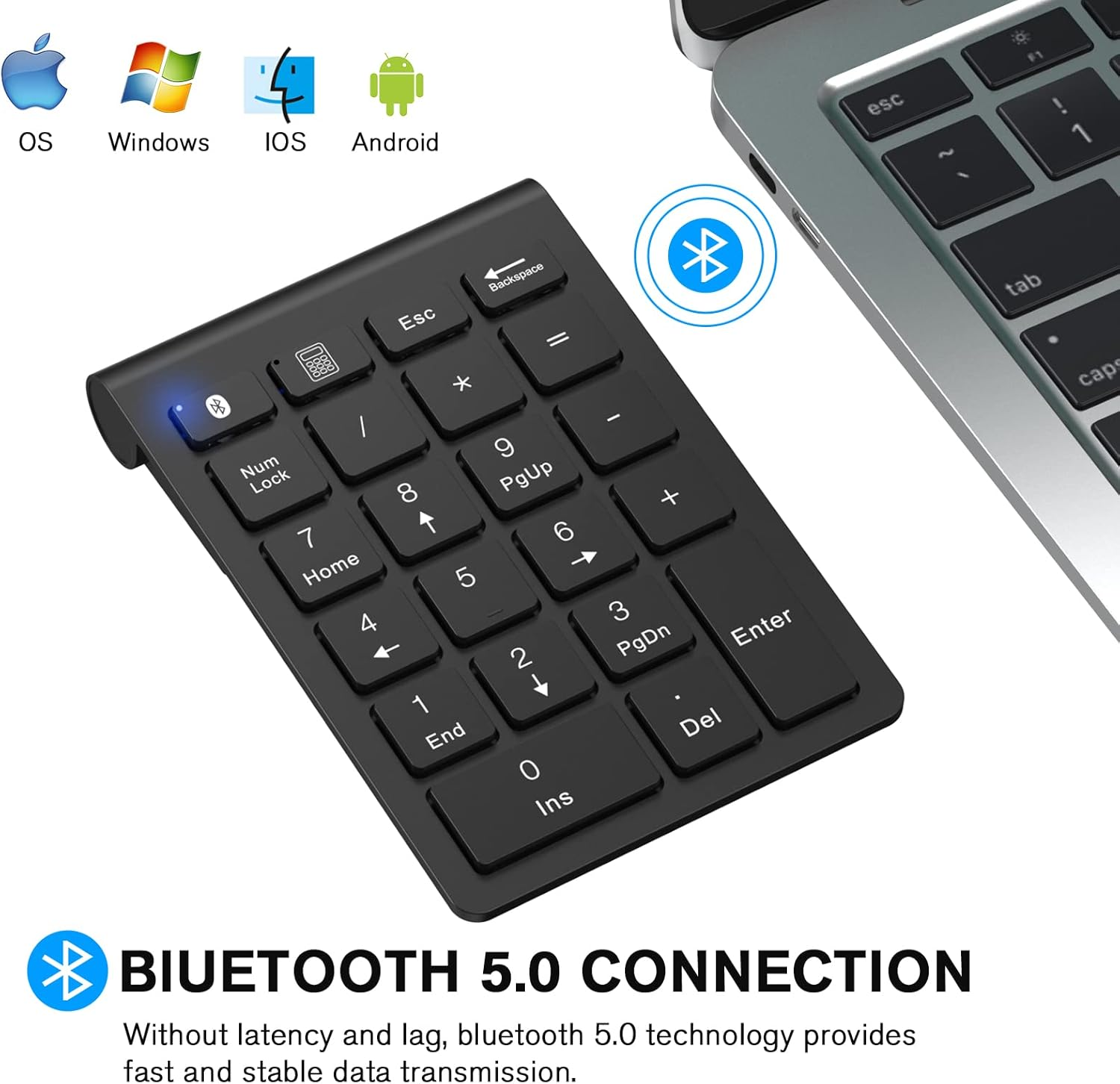 Schwarzer Ziffernblock mit Tasten. Im Hintergrund ein Laptop. Bluetooth 5.0-Verbindungsinformationen unten.