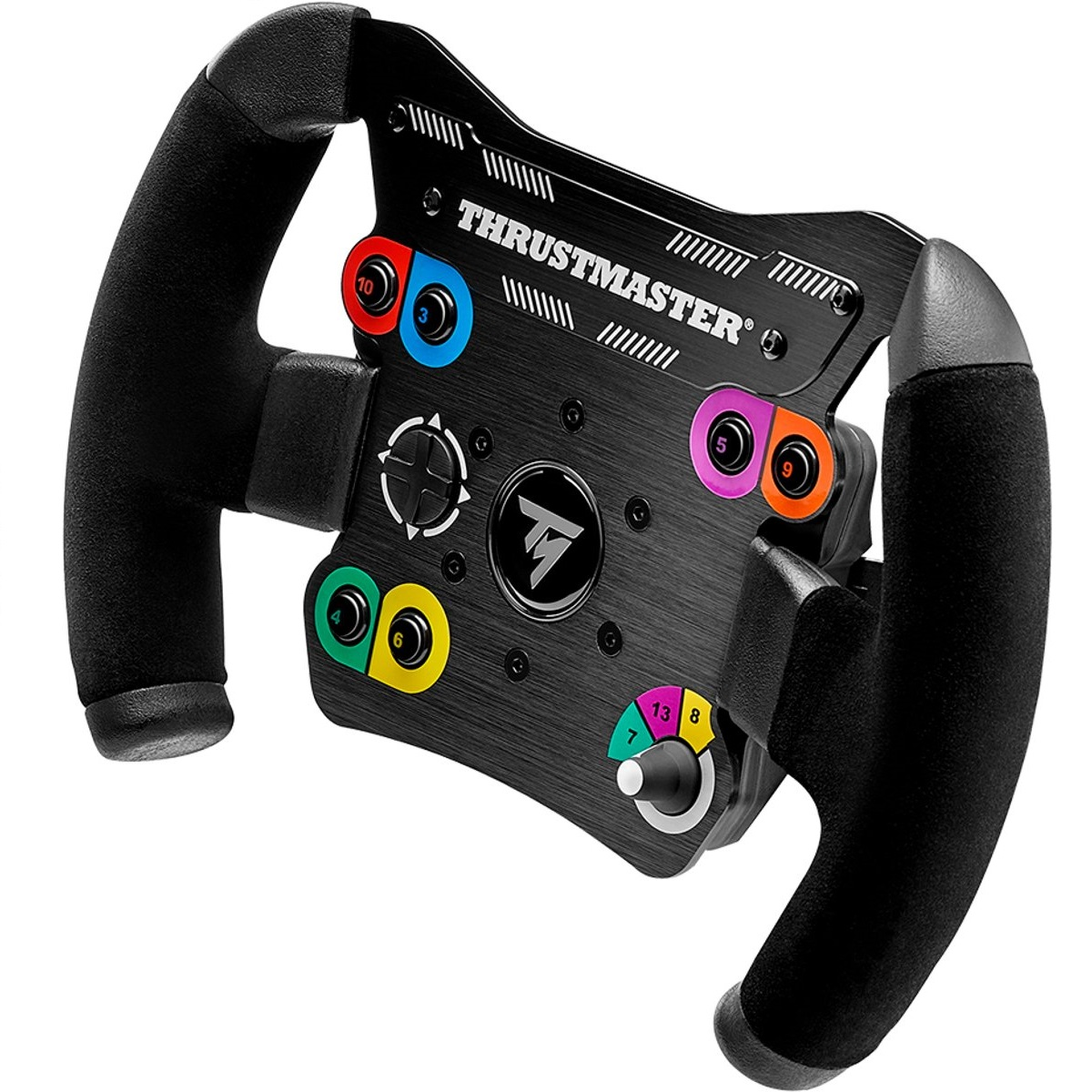 Un volante da corsa Thrustmaster. Ha impugnature nere, pulsanti colorati e un pannello di controllo centrale con il logo Thrustmaster.