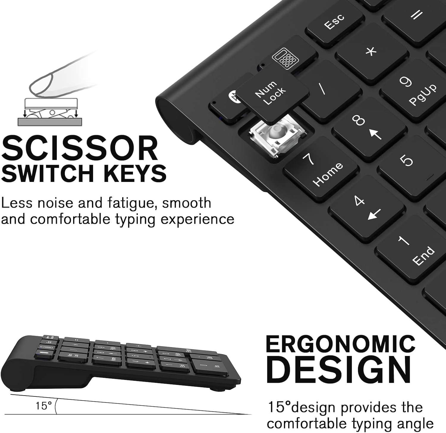 Nahaufnahme einer schwarzen Tastatur mit entfernten Tasten. Der Text zeigt 'Scissor Switch Keys' und 'Ergonomic Design'.