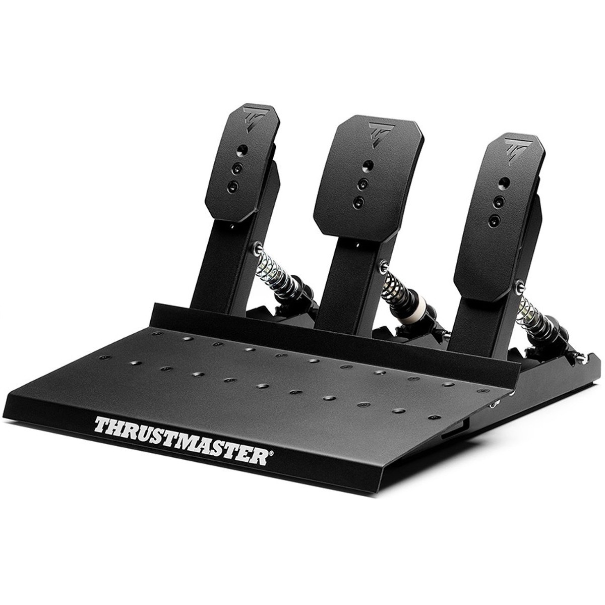Pedali da corsa Thrustmaster neri su una base. Tre pedali con molle. Sfondo bianco.