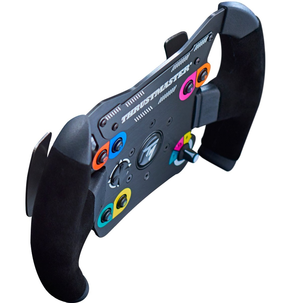 Un volante da corsa Thrustmaster, nero, con pulsanti e quadranti colorati. Il volante ha un'impugnatura simile alla pelle scamosciata e il logo Thrustmaster.