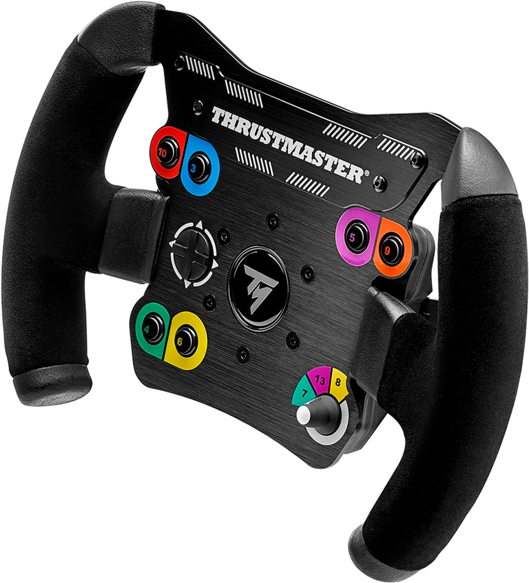 Un volante da corsa Thrustmaster con manici neri e una superficie nera strutturata. Ha pulsanti colorati e un logo centrale.