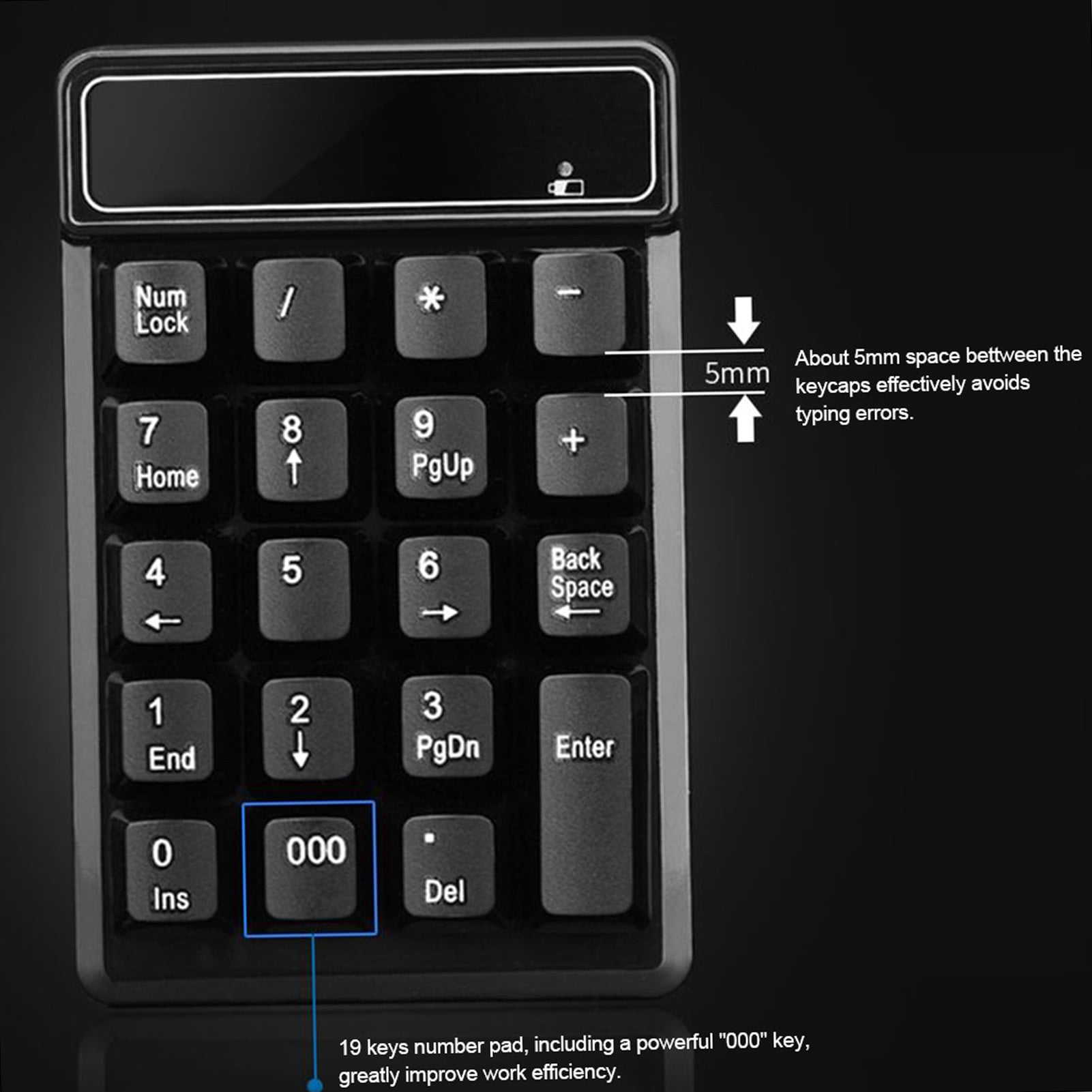 Nahaufnahme eines schwarzen numerischen Keypads mit weißen Zeichen und 5 mm Abstand zwischen den Tasten.
