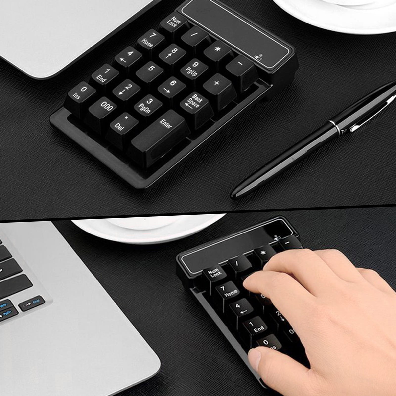 Nahaufnahme eines schwarzen Nummernblocks, eines Stifts und eines Laptops. Eine Hand drückt die Taste '7'.