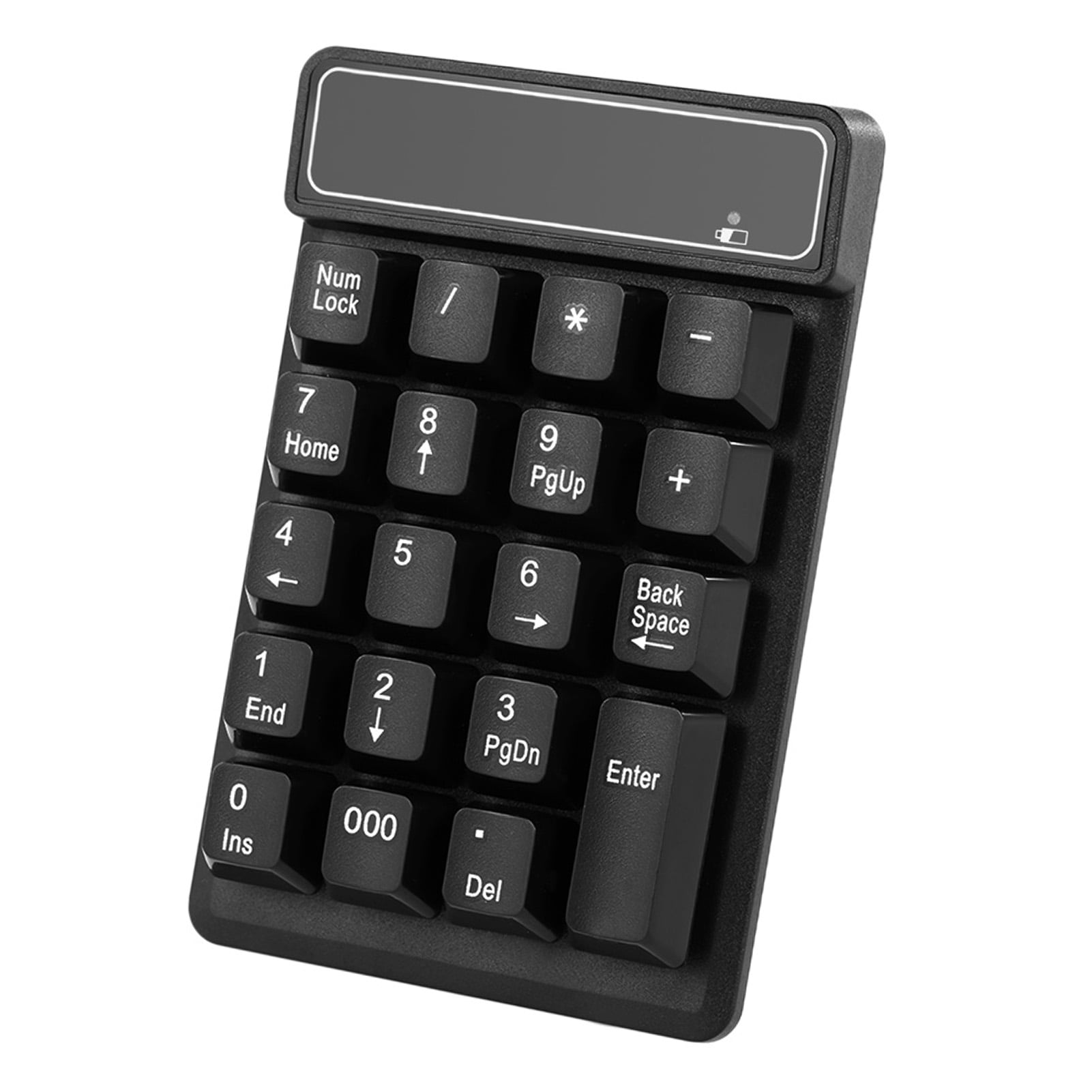 Schwarzer numerischer Ziffernblock mit Tasten für Zahlen, Symbole und Funktionen wie Eingabe, Rücktaste und Num-Lock. Oben befindet sich ein Display.